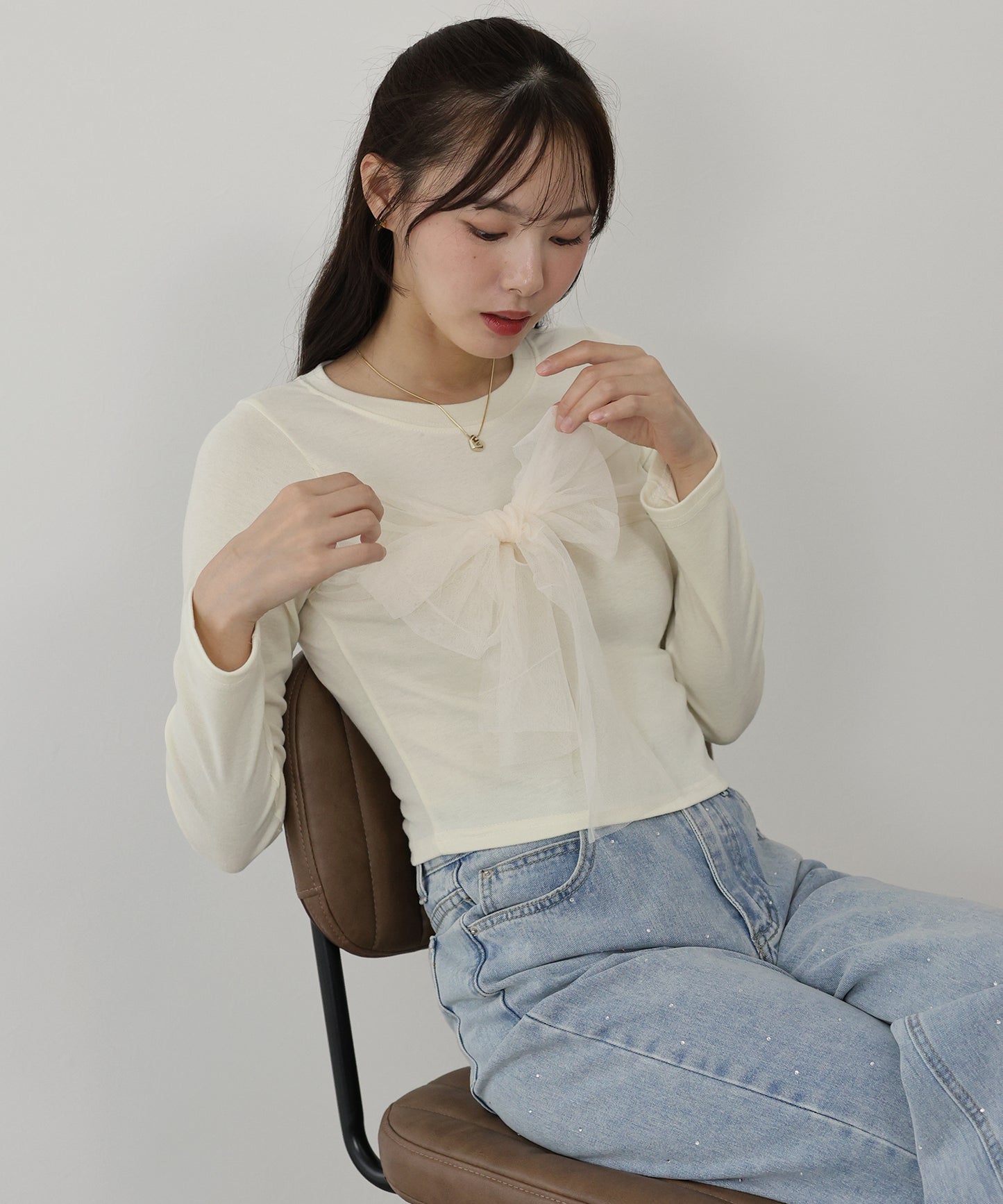 【SALE】チュールビッグリボン長袖Tシャツ