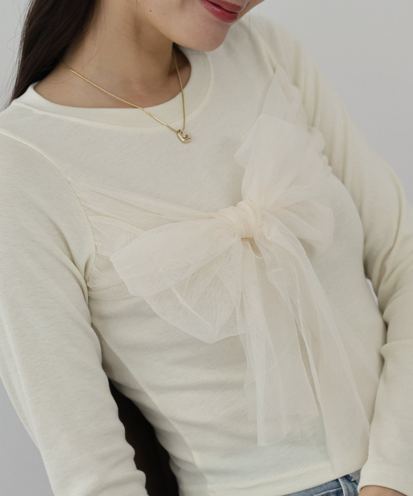 【SALE】チュールビッグリボン長袖Tシャツ