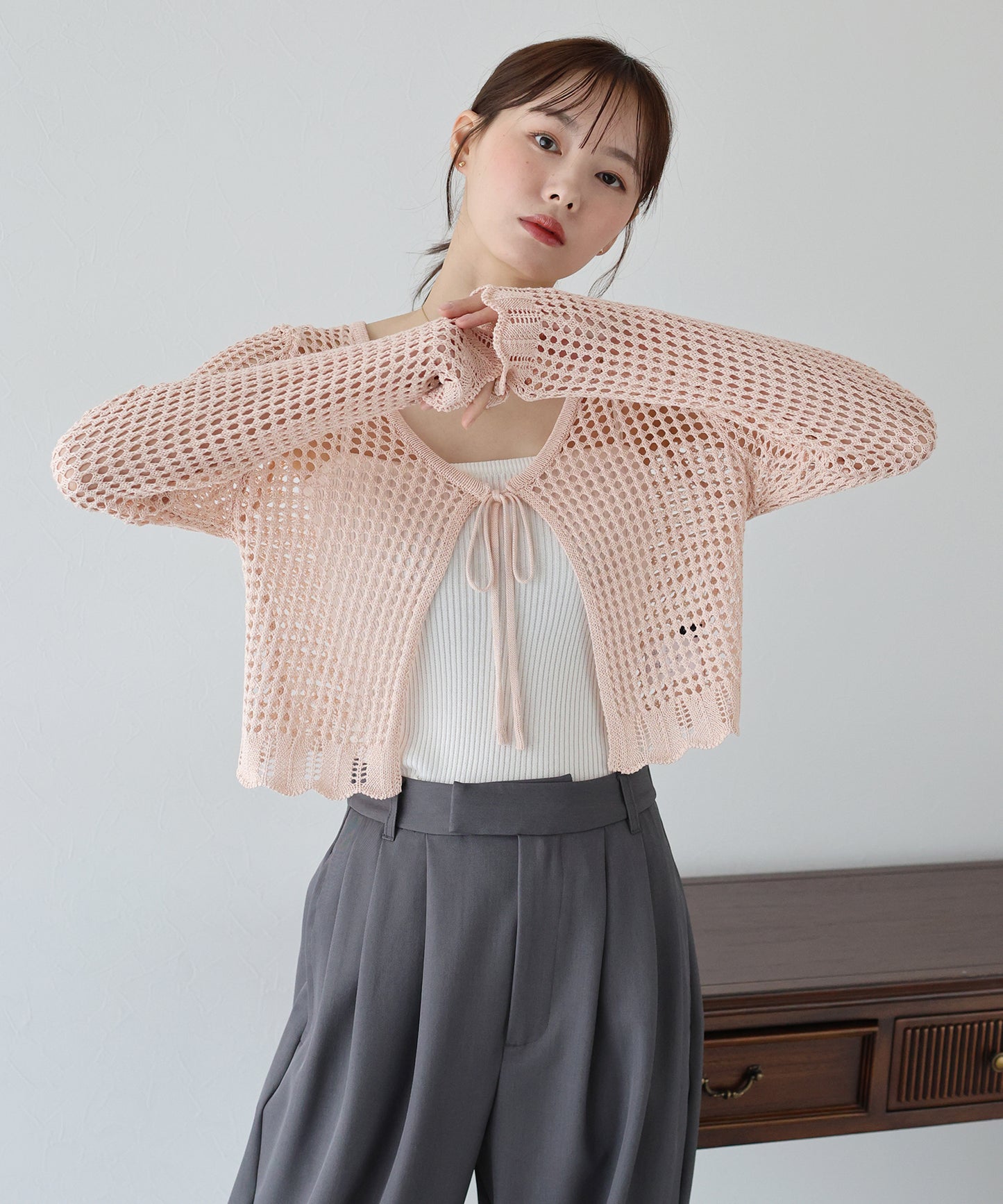 【SALE】リボンメッシュニットカーディガン