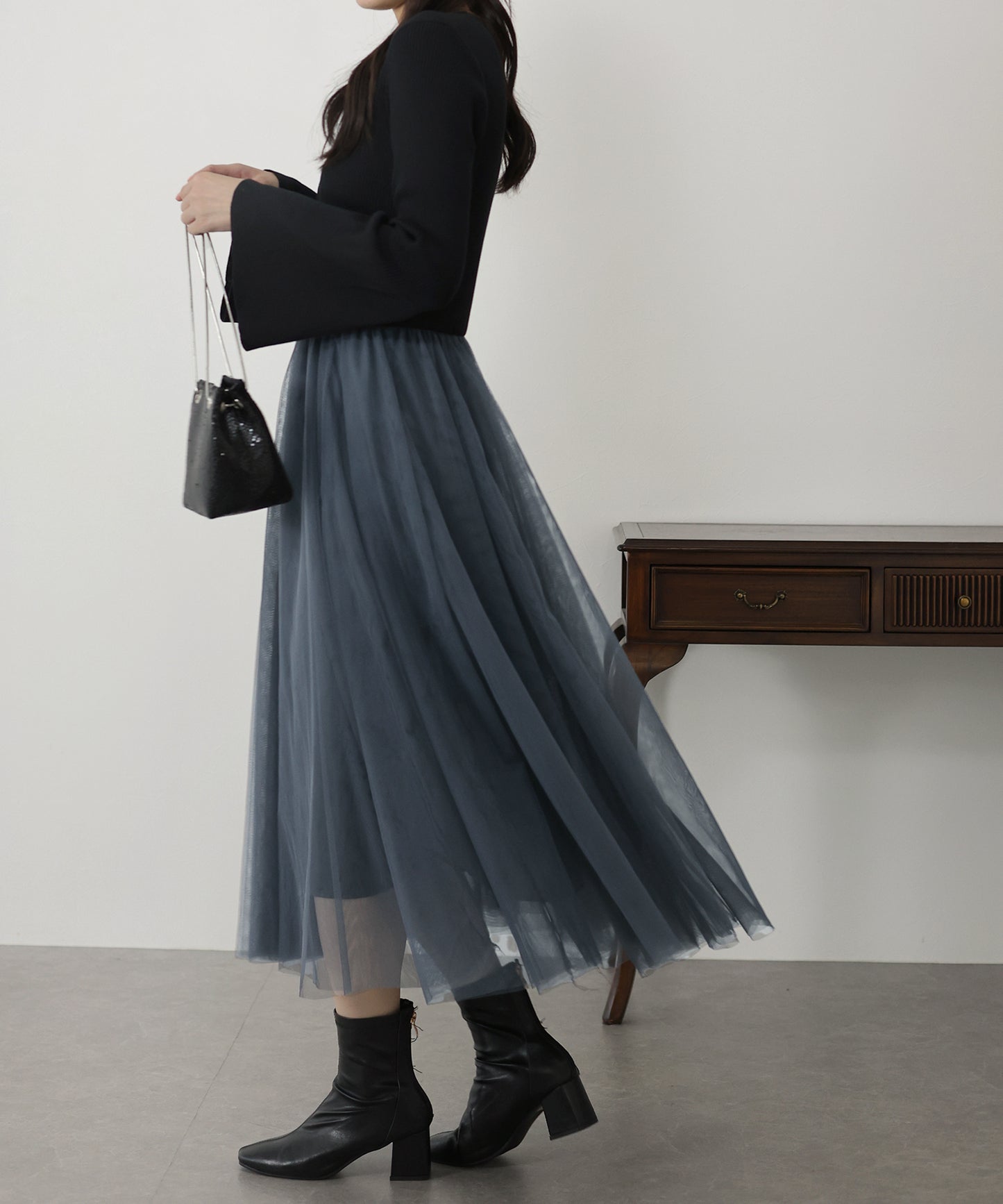 【SALE】チュールニットドッキングワンピース