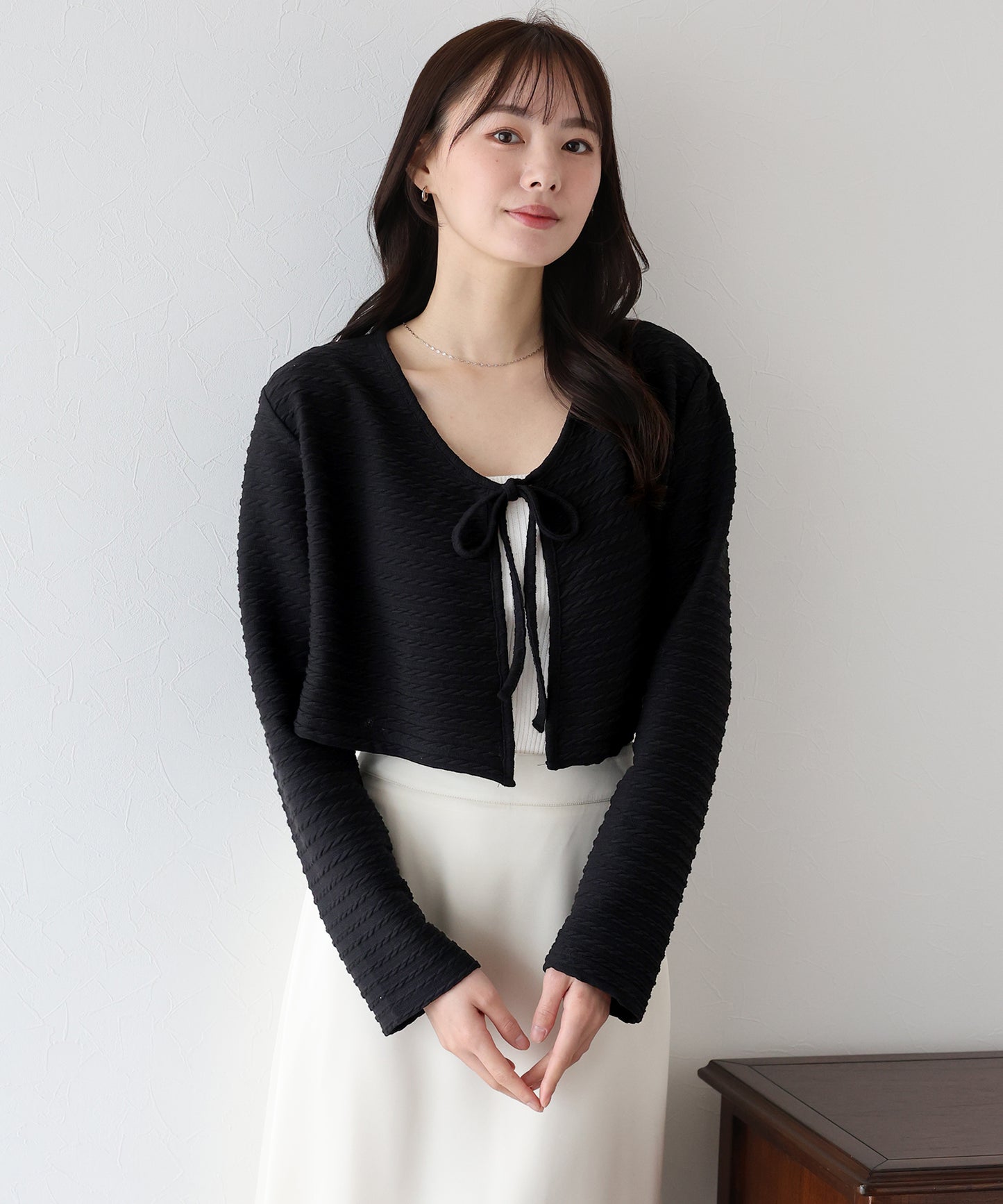 케이블 무늬 리본 가디건