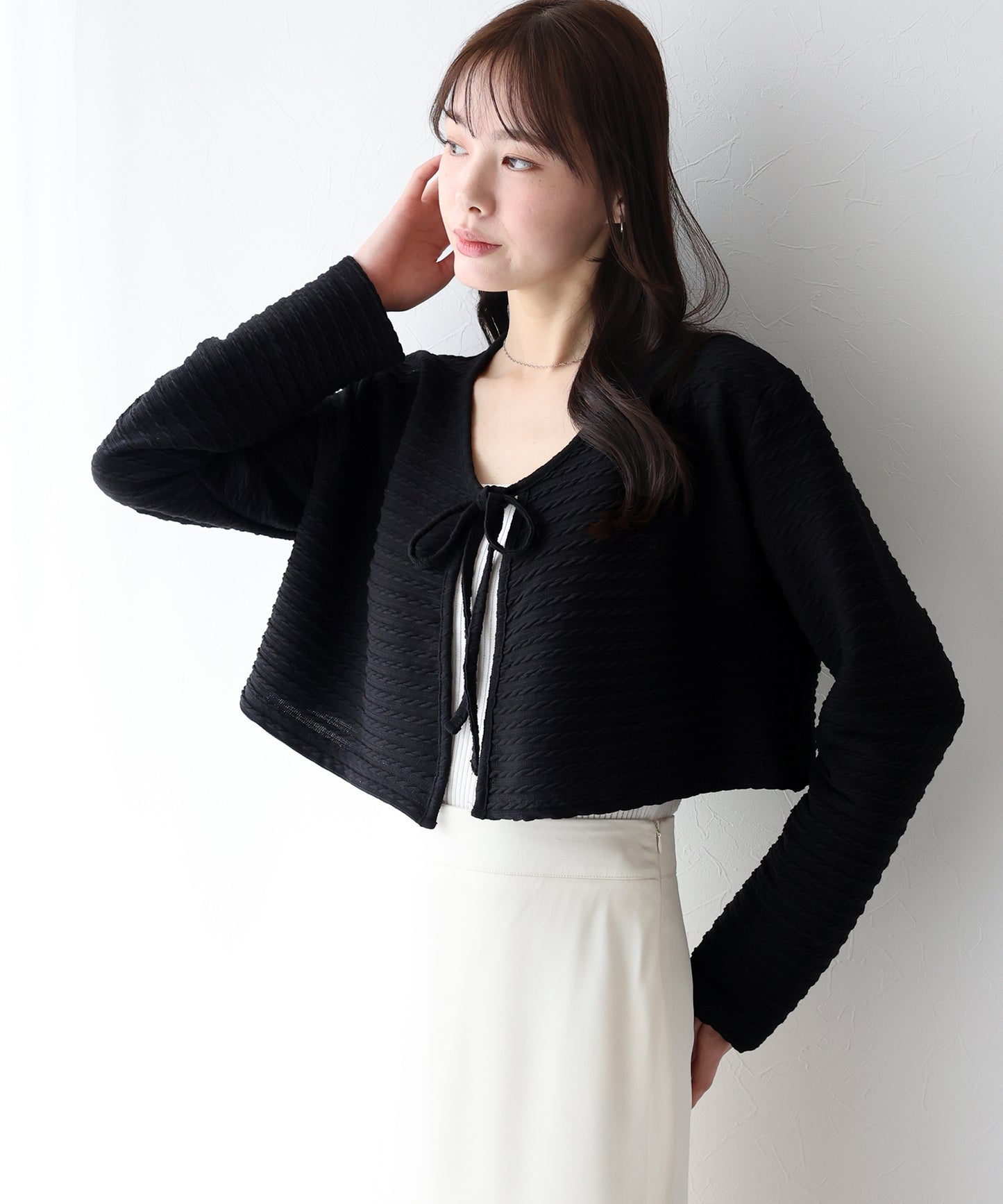 케이블 무늬 리본 가디건