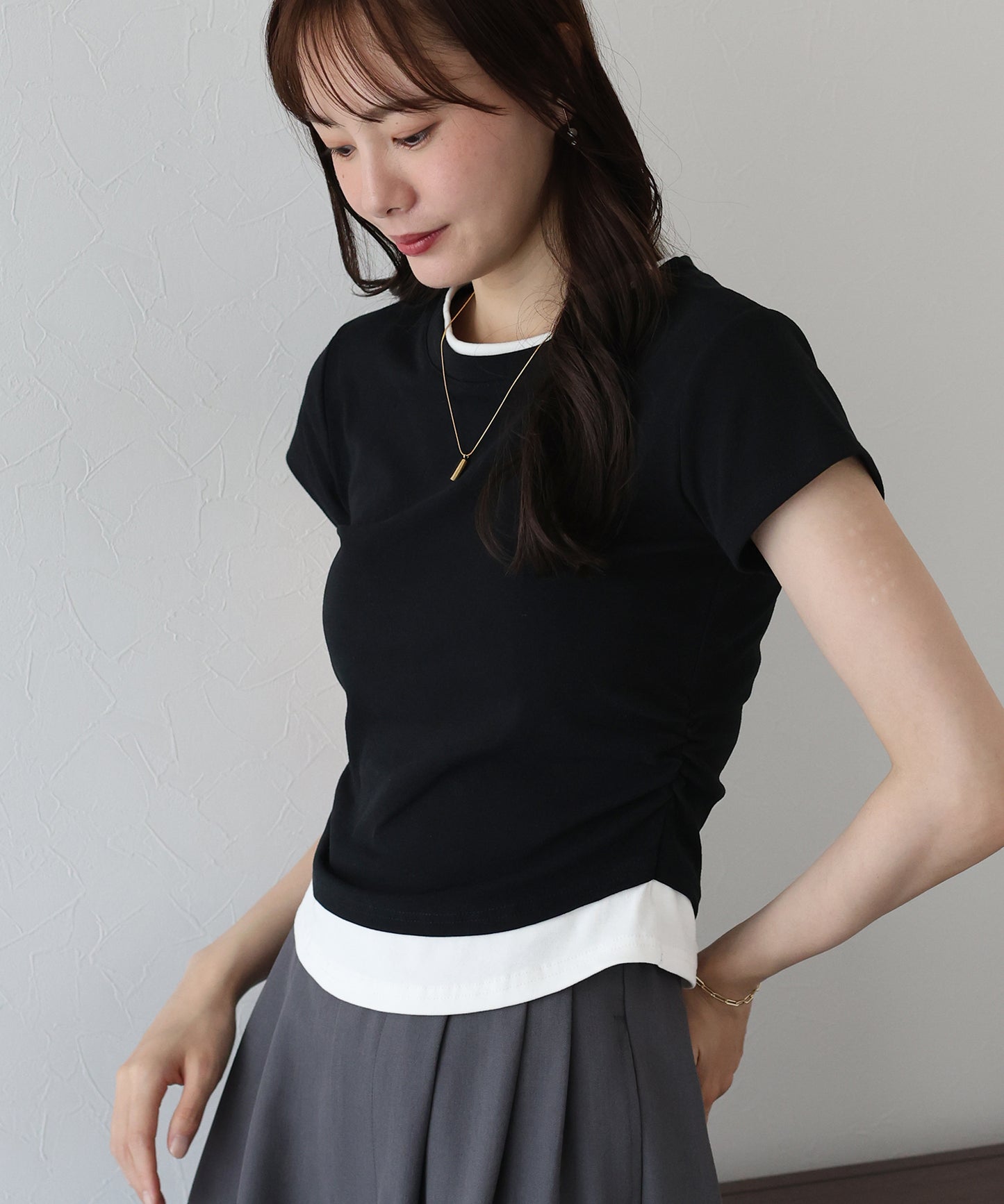 【TIME SALE】サイドシャーリングレイヤードTシャツ【ネコポス】