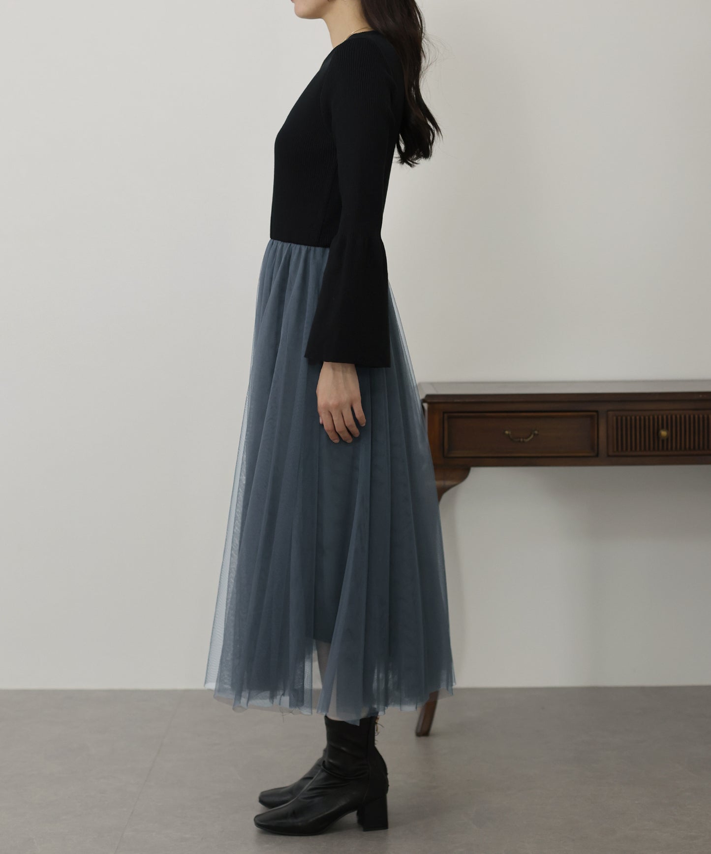 【SALE】チュールニットドッキングワンピース