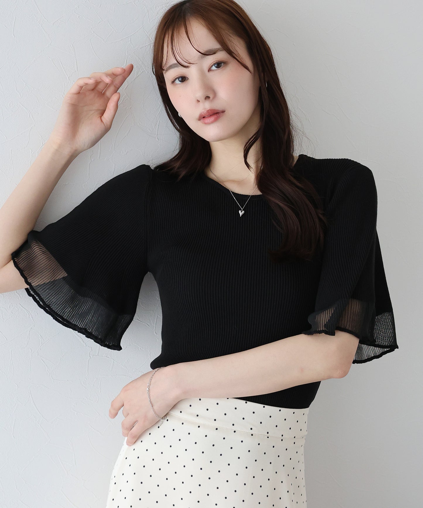 【TIME SALE】半袖先シアーリブニット