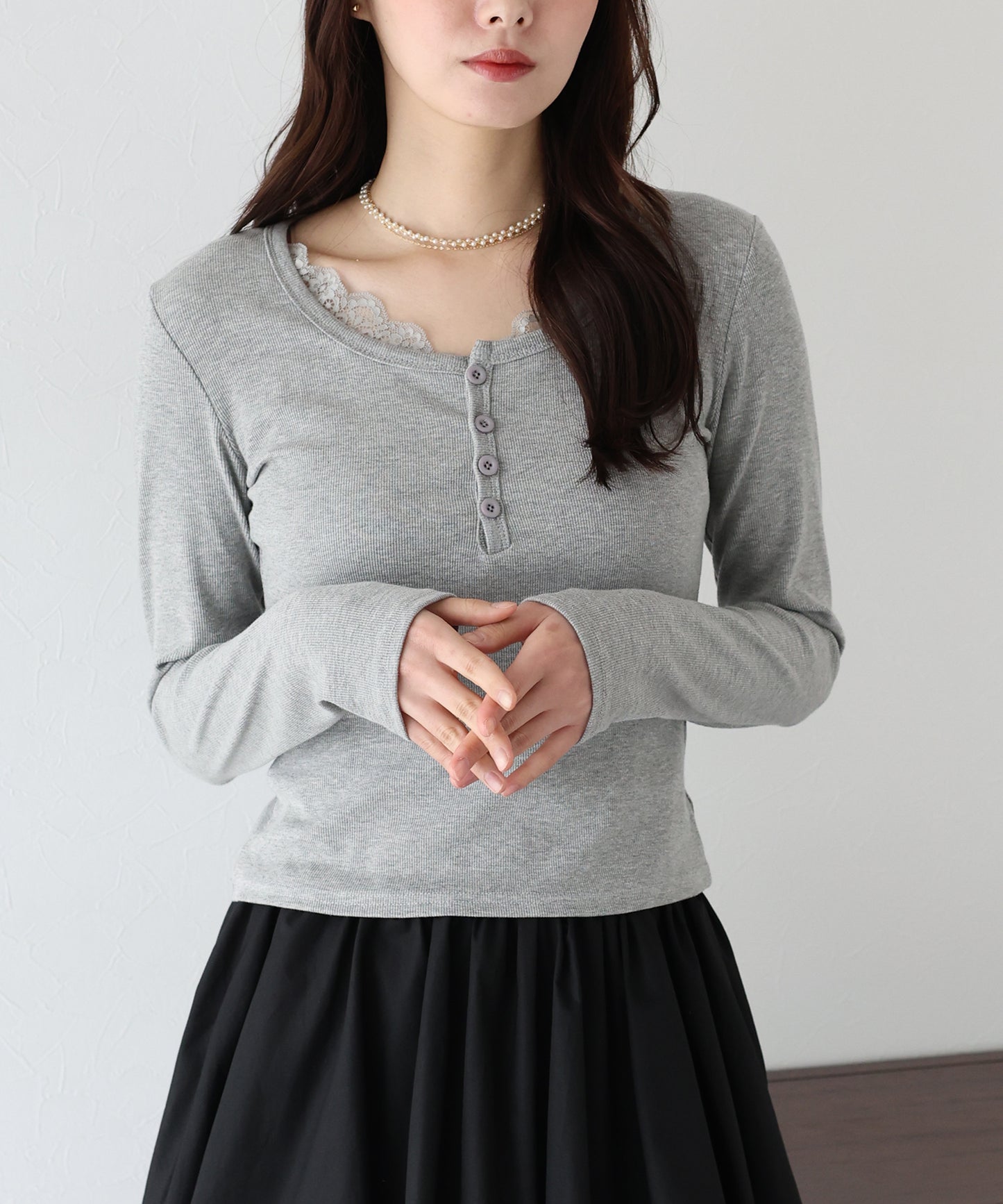 レース付ヘンリーネックカットソー【ネコポス】