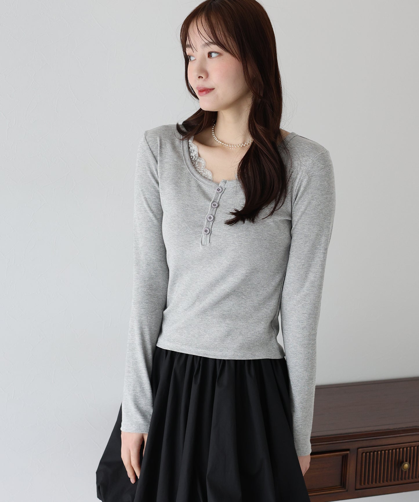 レース付ヘンリーネックカットソー【ネコポス】