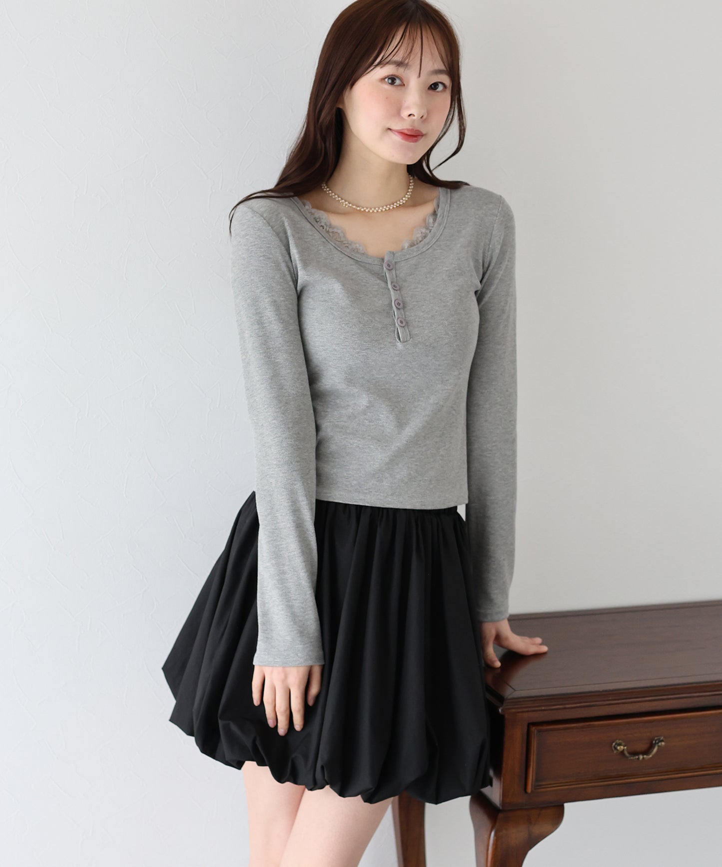 レース付ヘンリーネックカットソー【ネコポス】