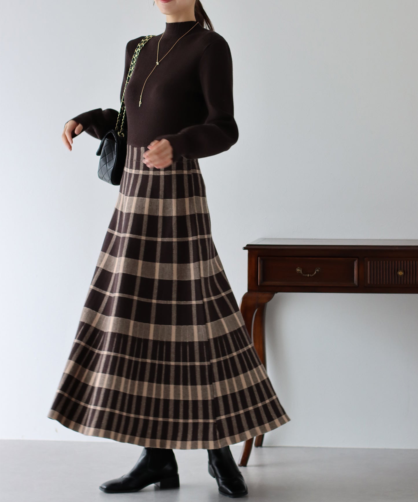 【TIME SALE】選べる2丈・チェックジャガードニットワンピース