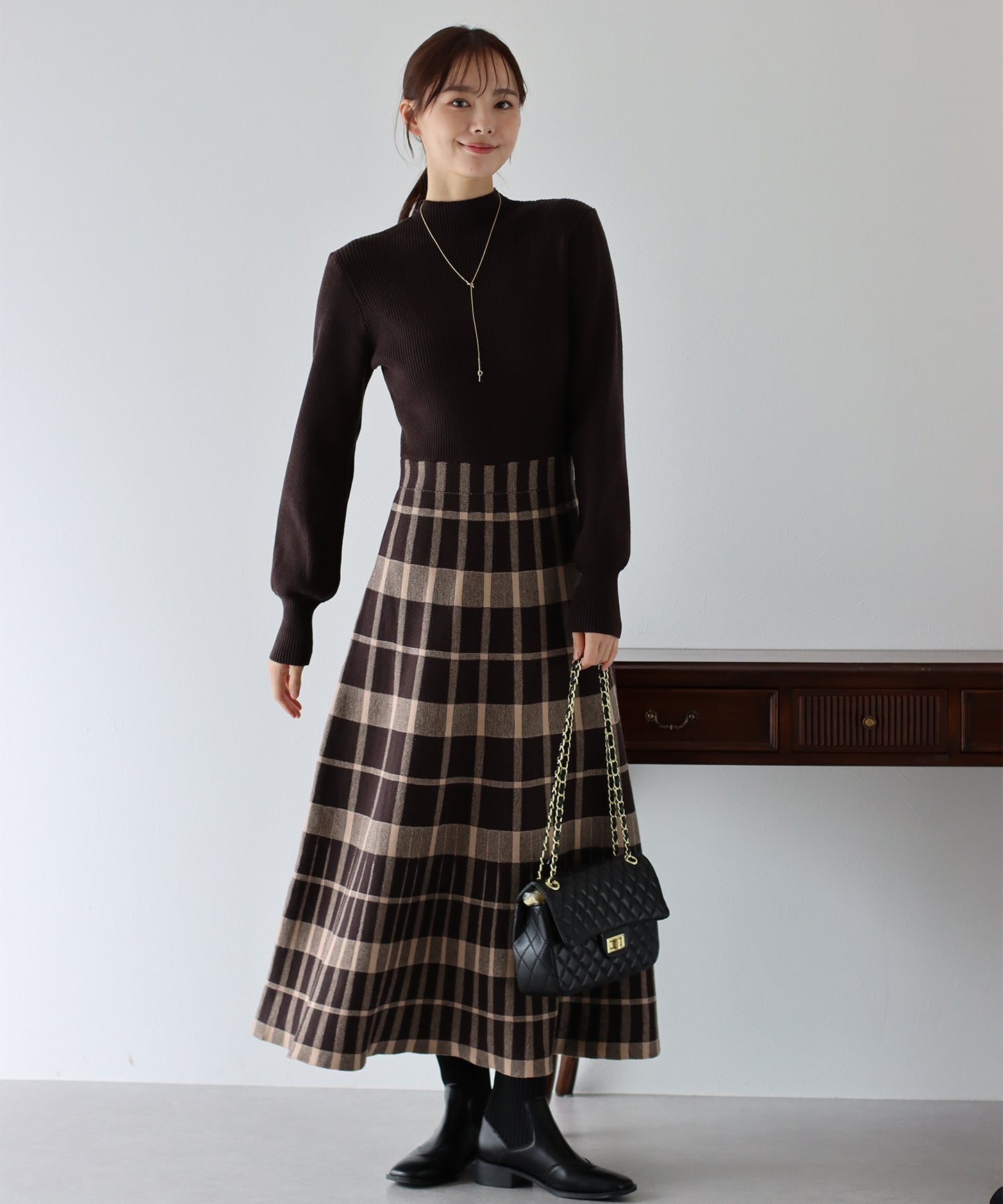 【TIME SALE】選べる2丈・チェックジャガードニットワンピース
