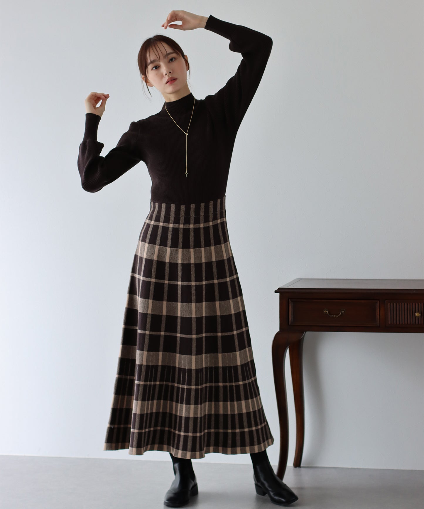 【TIME SALE】選べる2丈・チェックジャガードニットワンピース