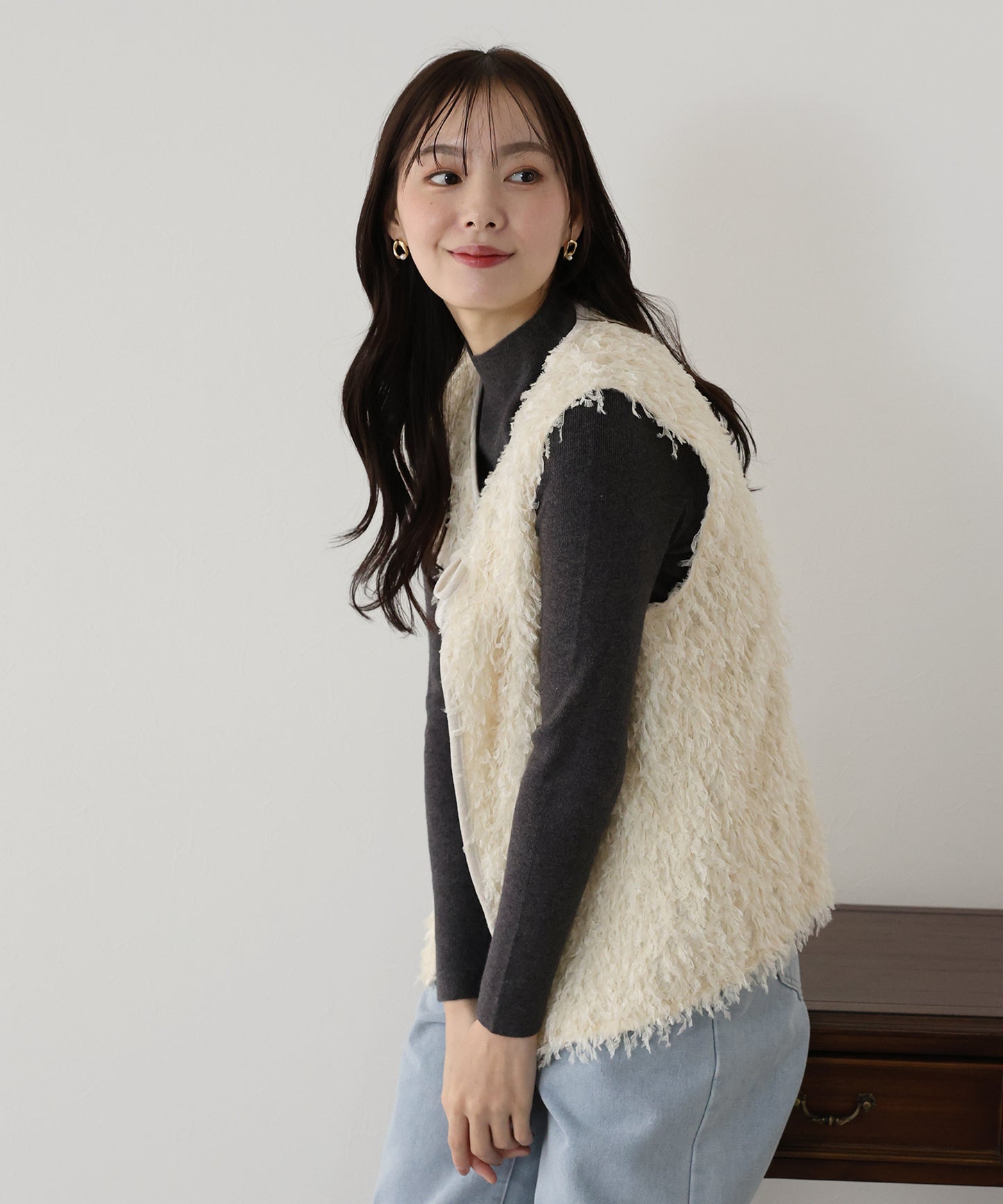 【SALE】リボンロングフェザーベスト