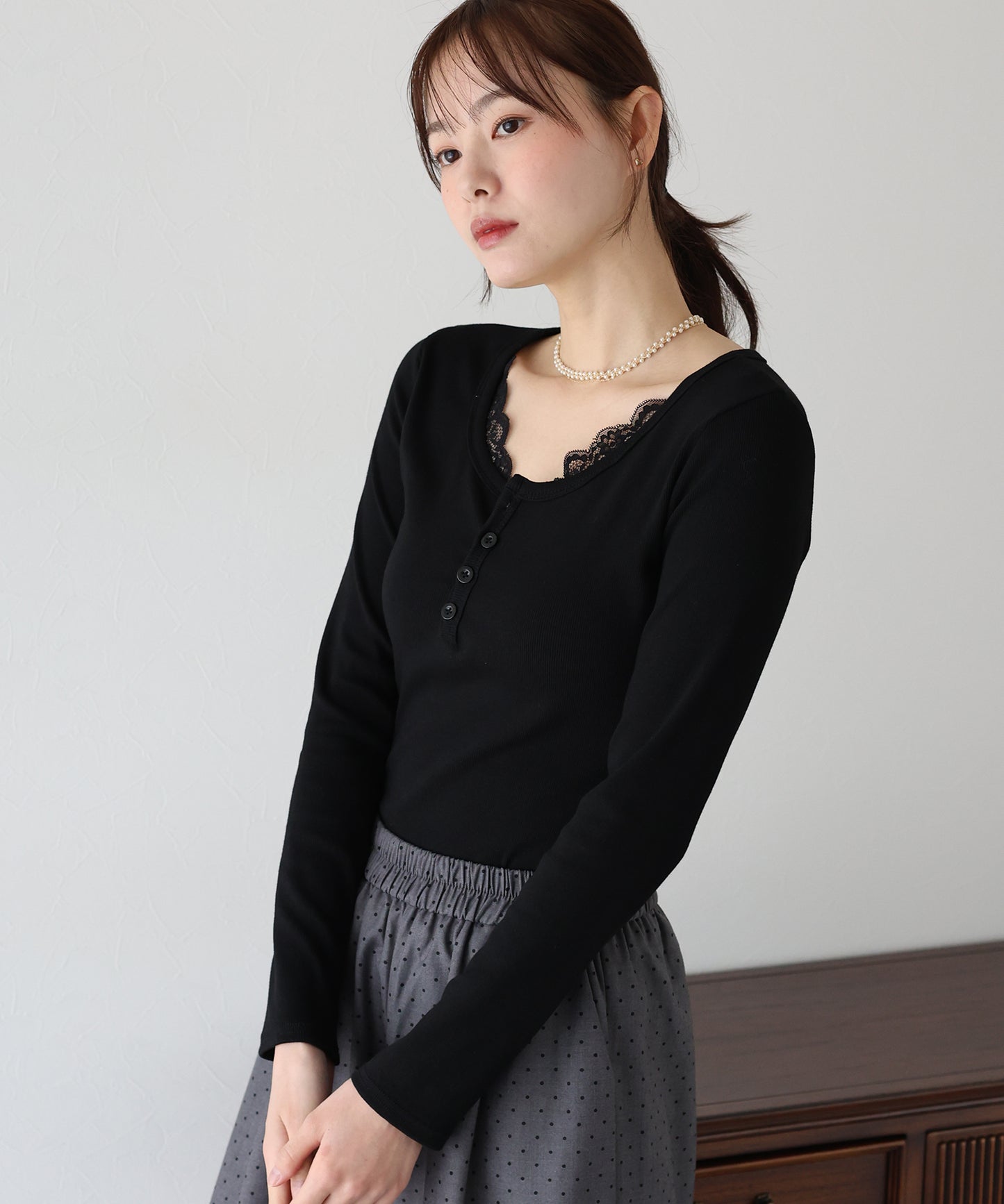 レース付ヘンリーネックカットソー【ネコポス】