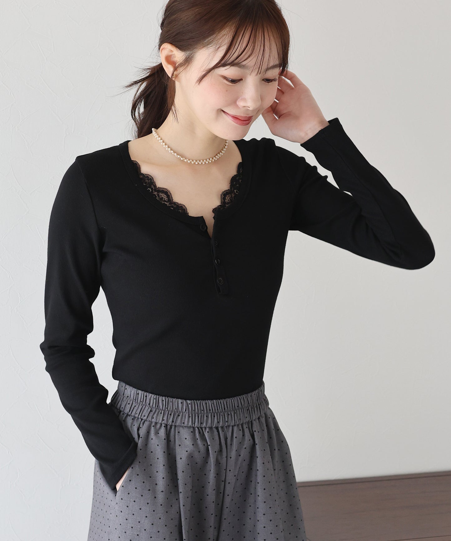 レース付ヘンリーネックカットソー【ネコポス】