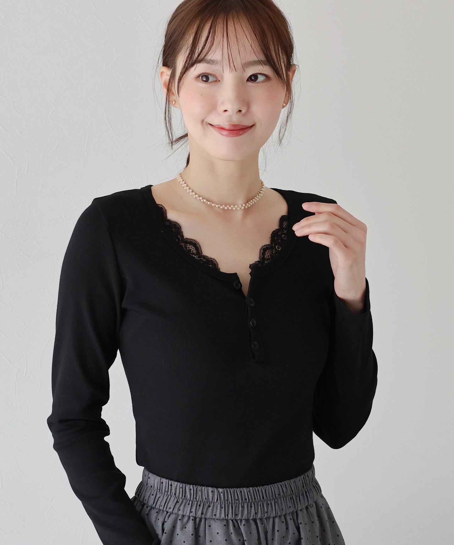 レース付ヘンリーネックカットソー【ネコポス】