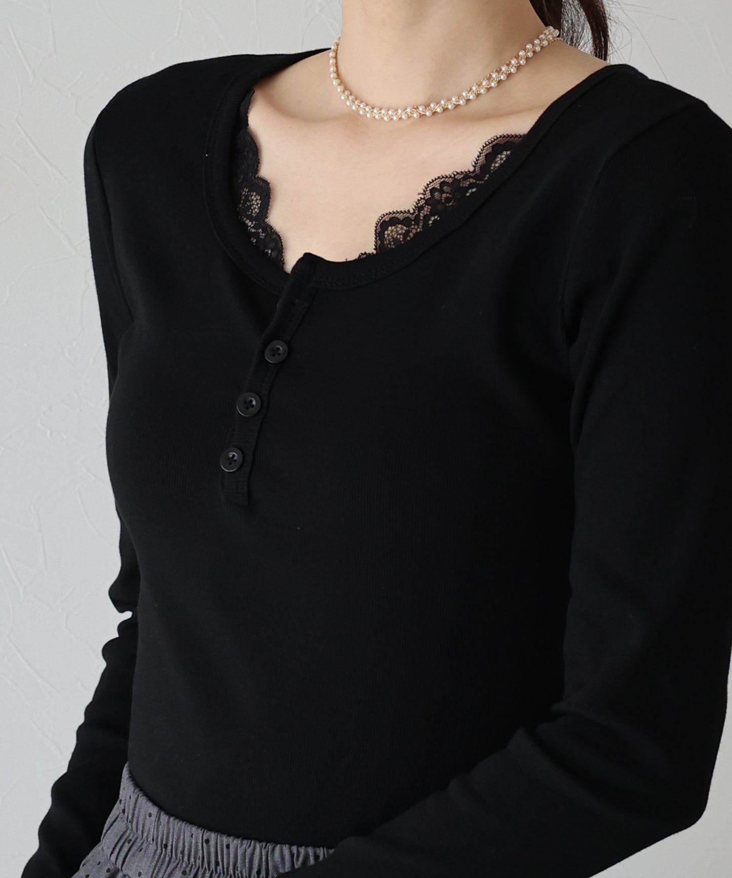 レース付ヘンリーネックカットソー【ネコポス】