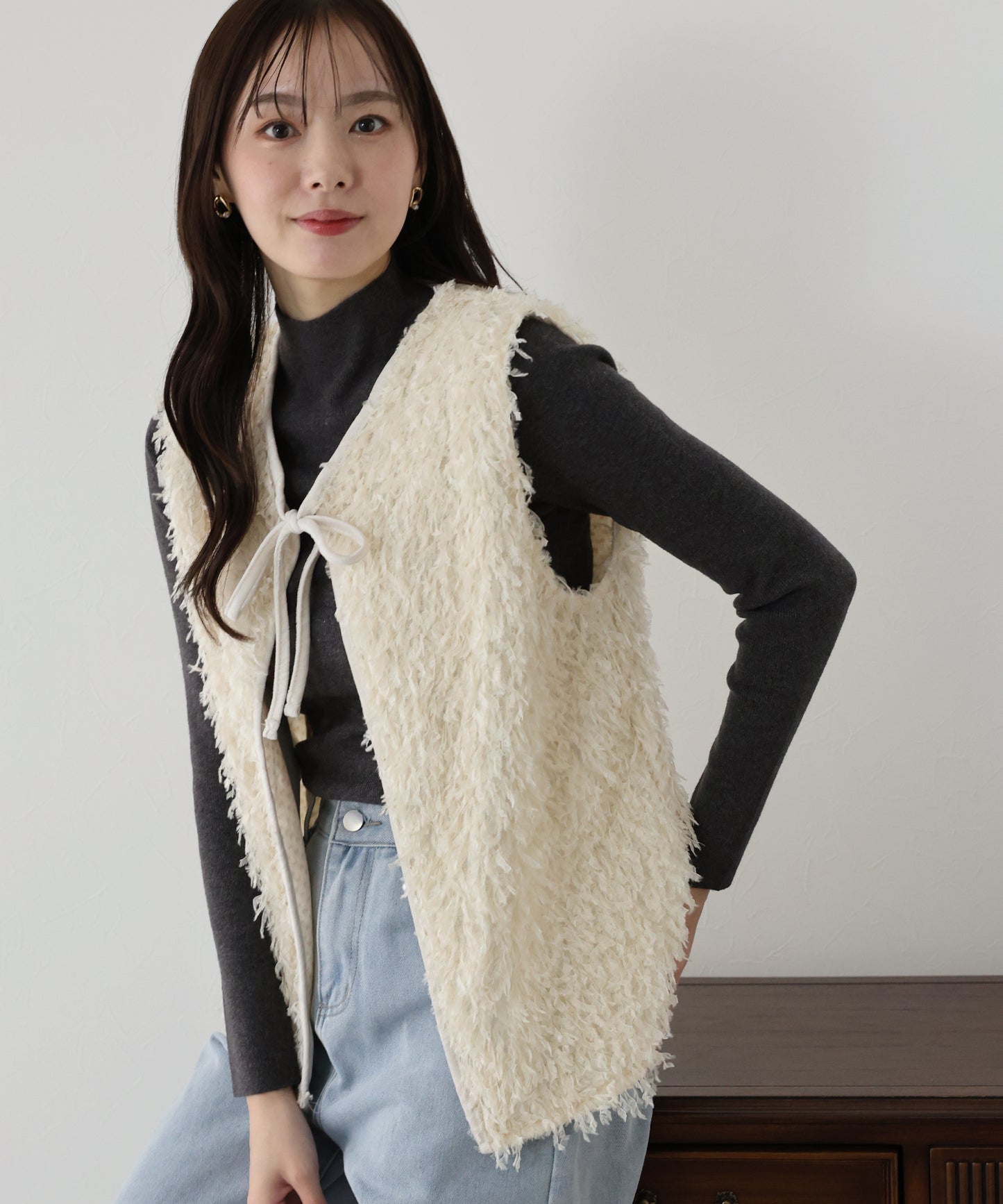 【SALE】リボンロングフェザーベスト