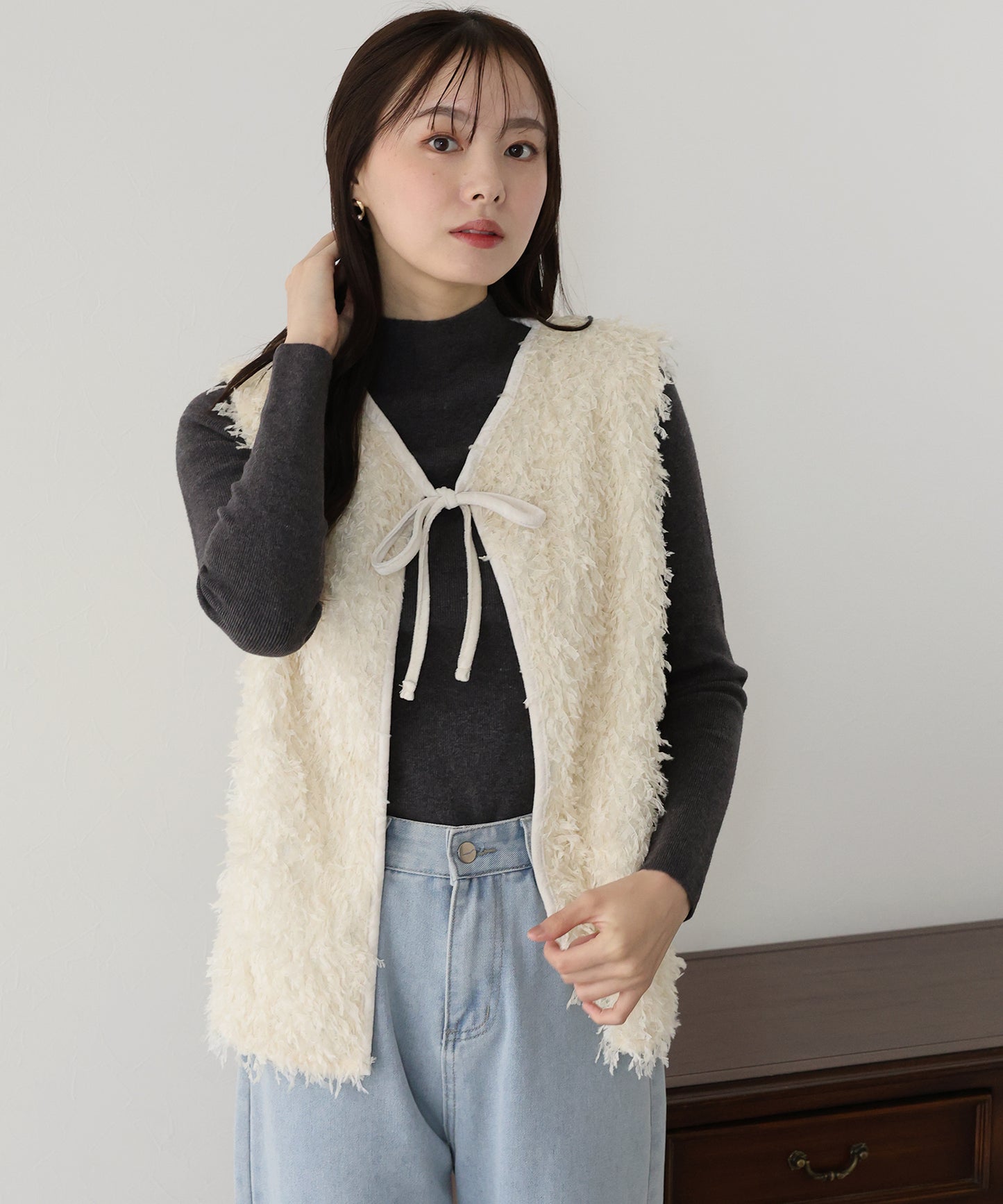 【SALE】リボンロングフェザーベスト