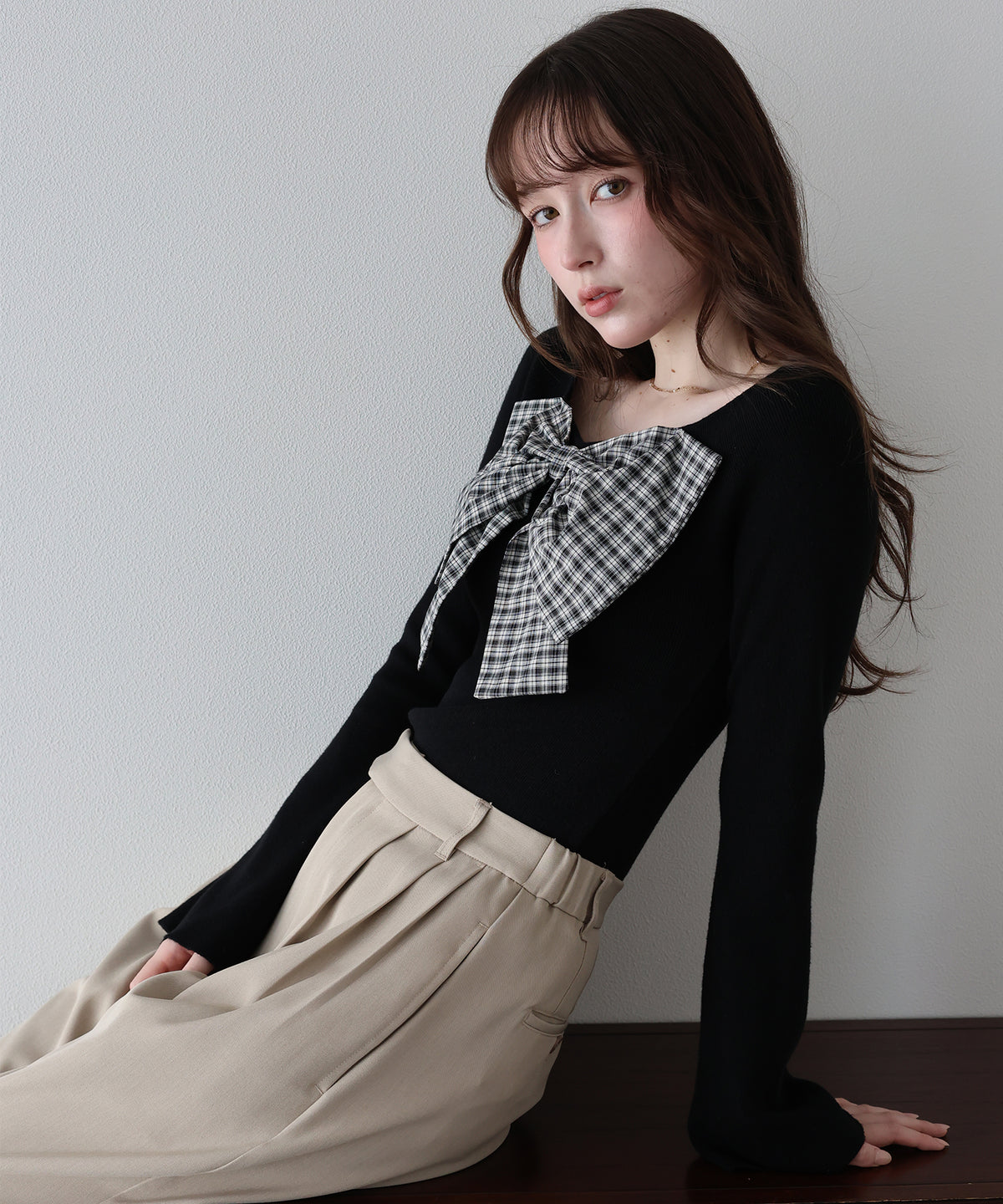 【早割5%OFF】チェックリボンオフショル二ット