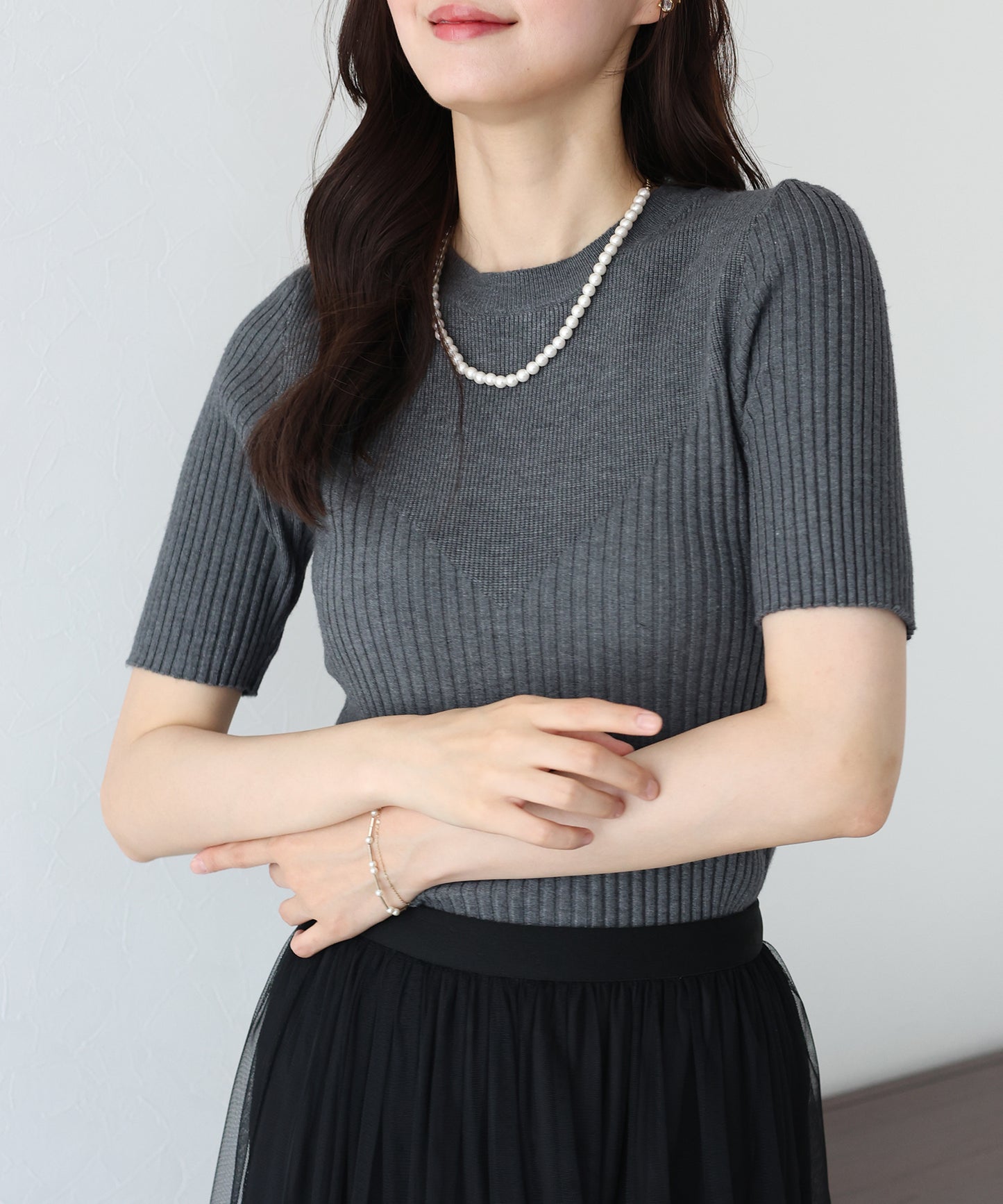 【TIME SALE】切替デザイン半袖リブニット【ネコポス】