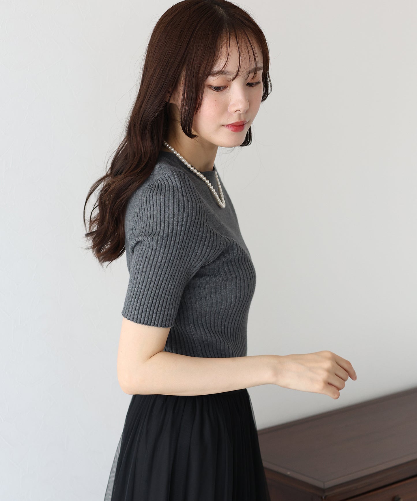 【TIME SALE】切替デザイン半袖リブニット【ネコポス】