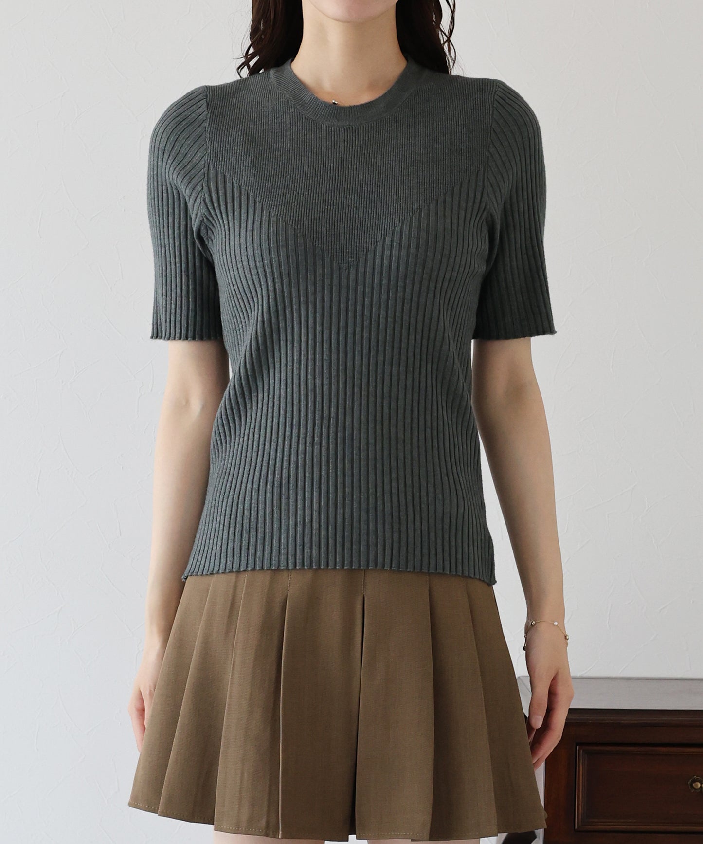 【TIME SALE】切替デザイン半袖リブニット【ネコポス】