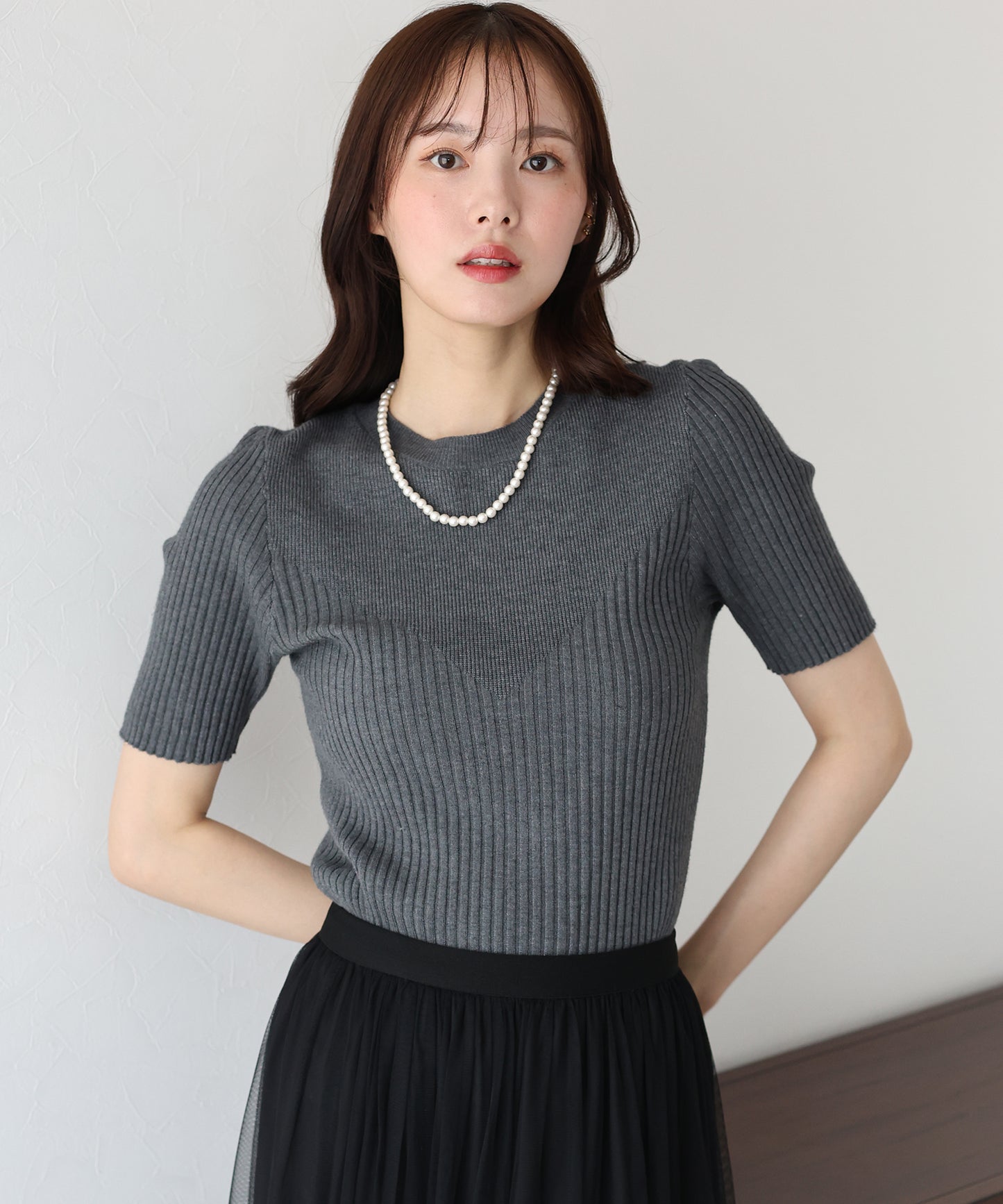 【TIME SALE】切替デザイン半袖リブニット【ネコポス】