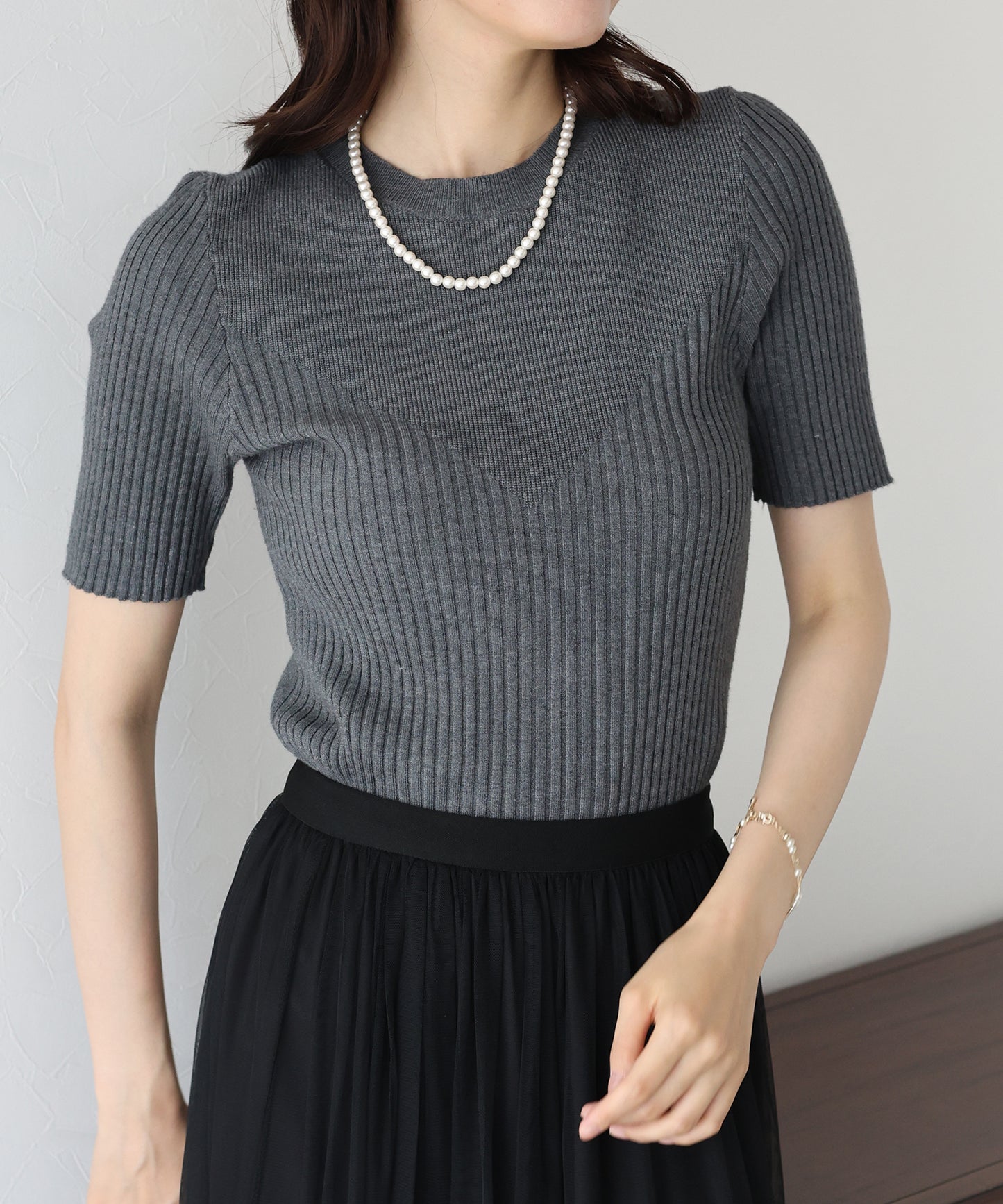 【TIME SALE】切替デザイン半袖リブニット【ネコポス】