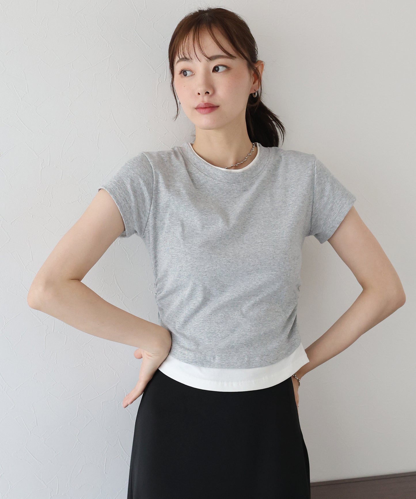 【TIME SALE】サイドシャーリングレイヤードTシャツ【ネコポス】