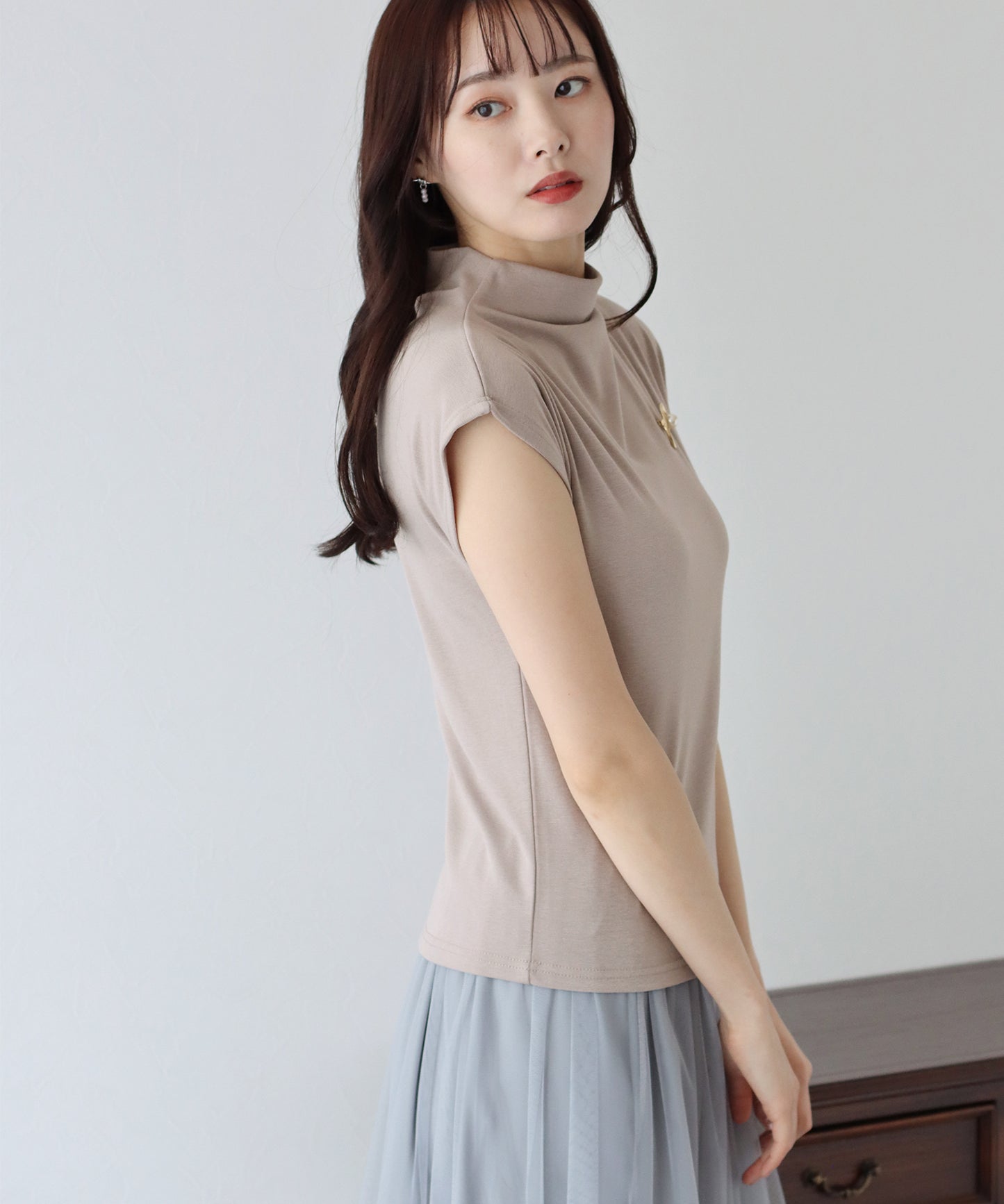 【SALE】ハイネックフレンチスリーブTシャツ【ネコポス】