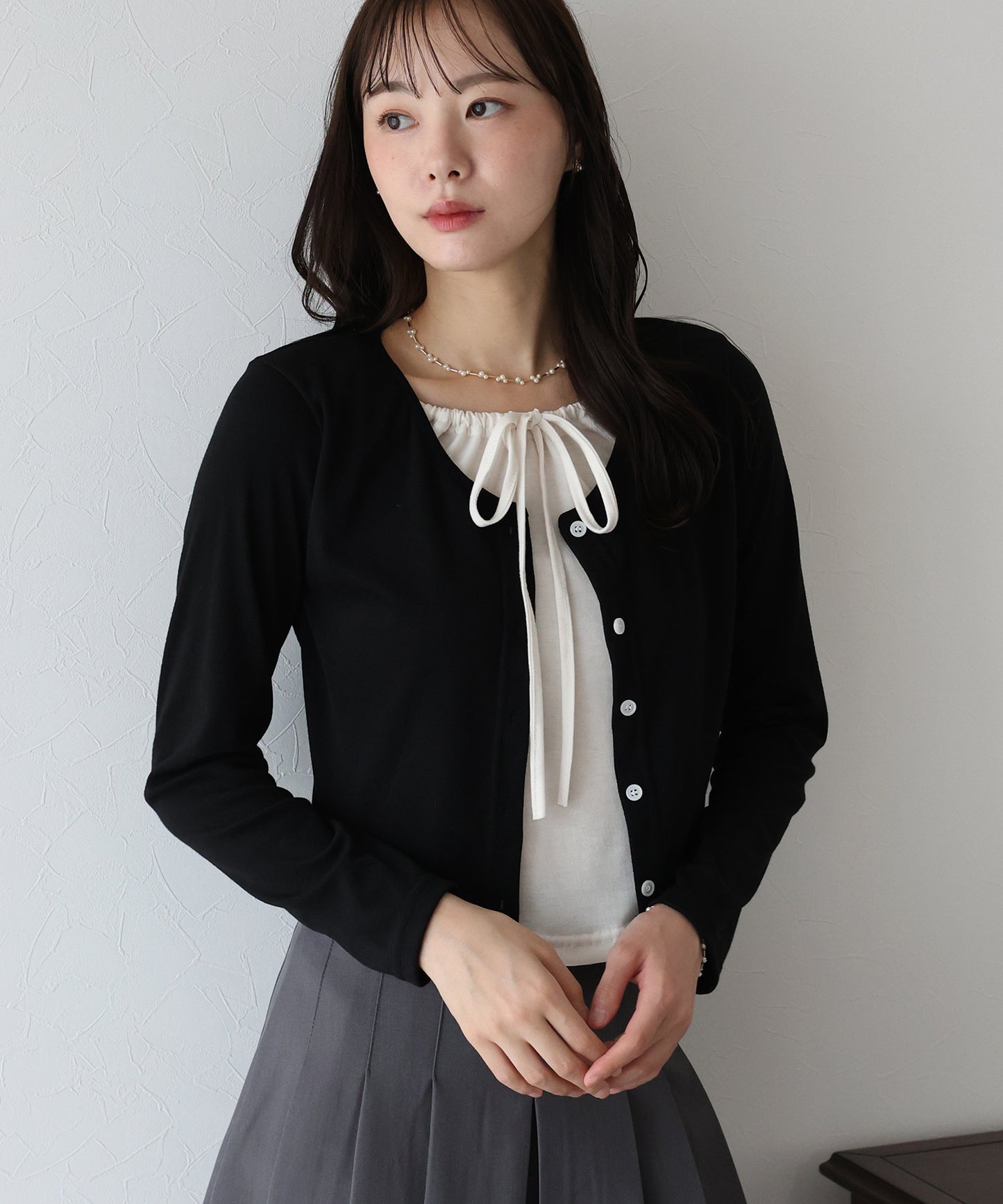 【早割5%OFF】リボン付きレイヤード風トップス