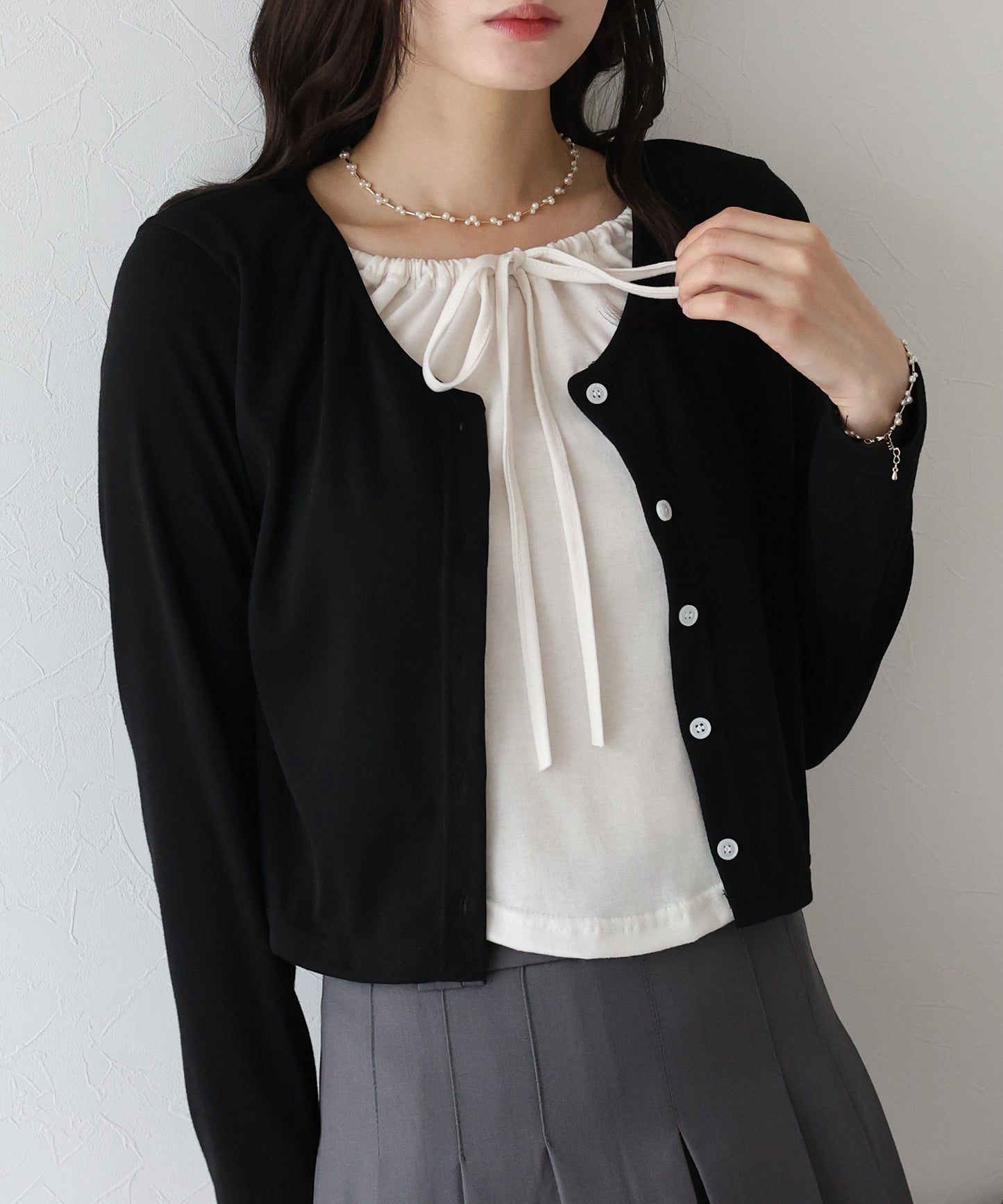 【早割5%OFF】リボン付きレイヤード風トップス