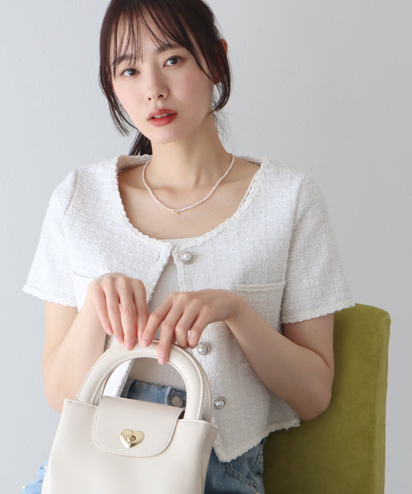 【TIME SALE】パールボタン半袖ツイードジャケット