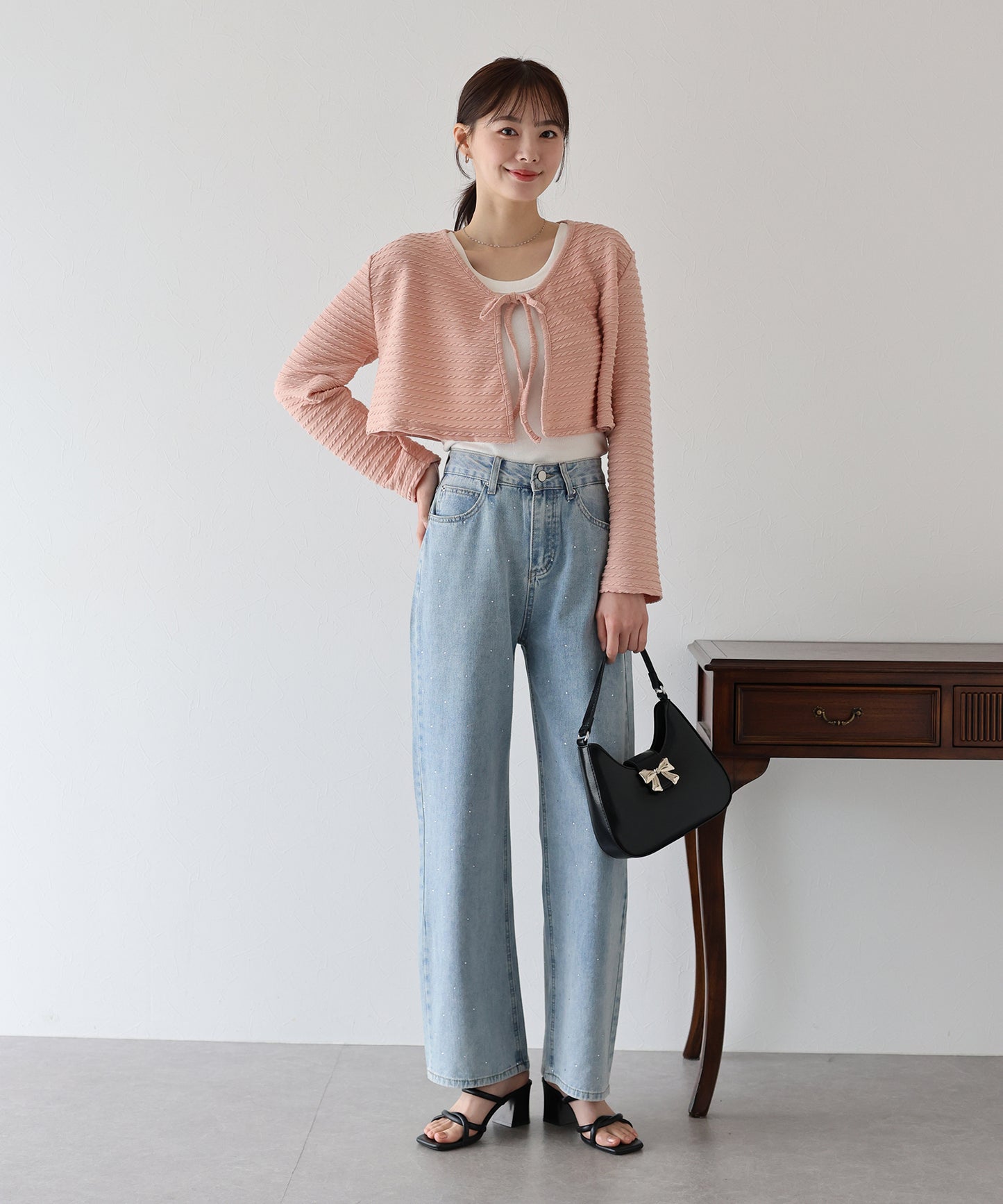 케이블 무늬 리본 가디건