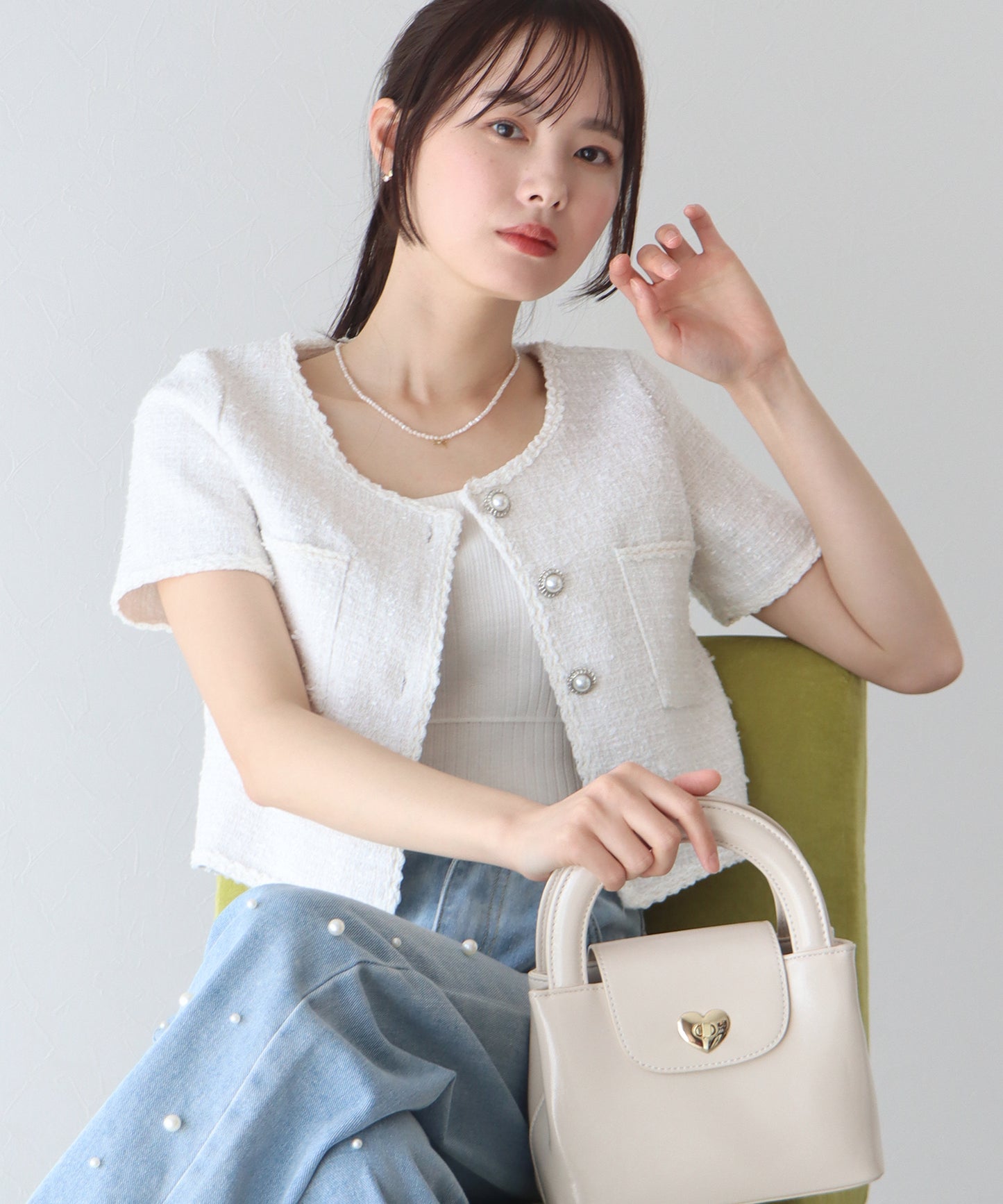 【TIME SALE】パールボタン半袖ツイードジャケット