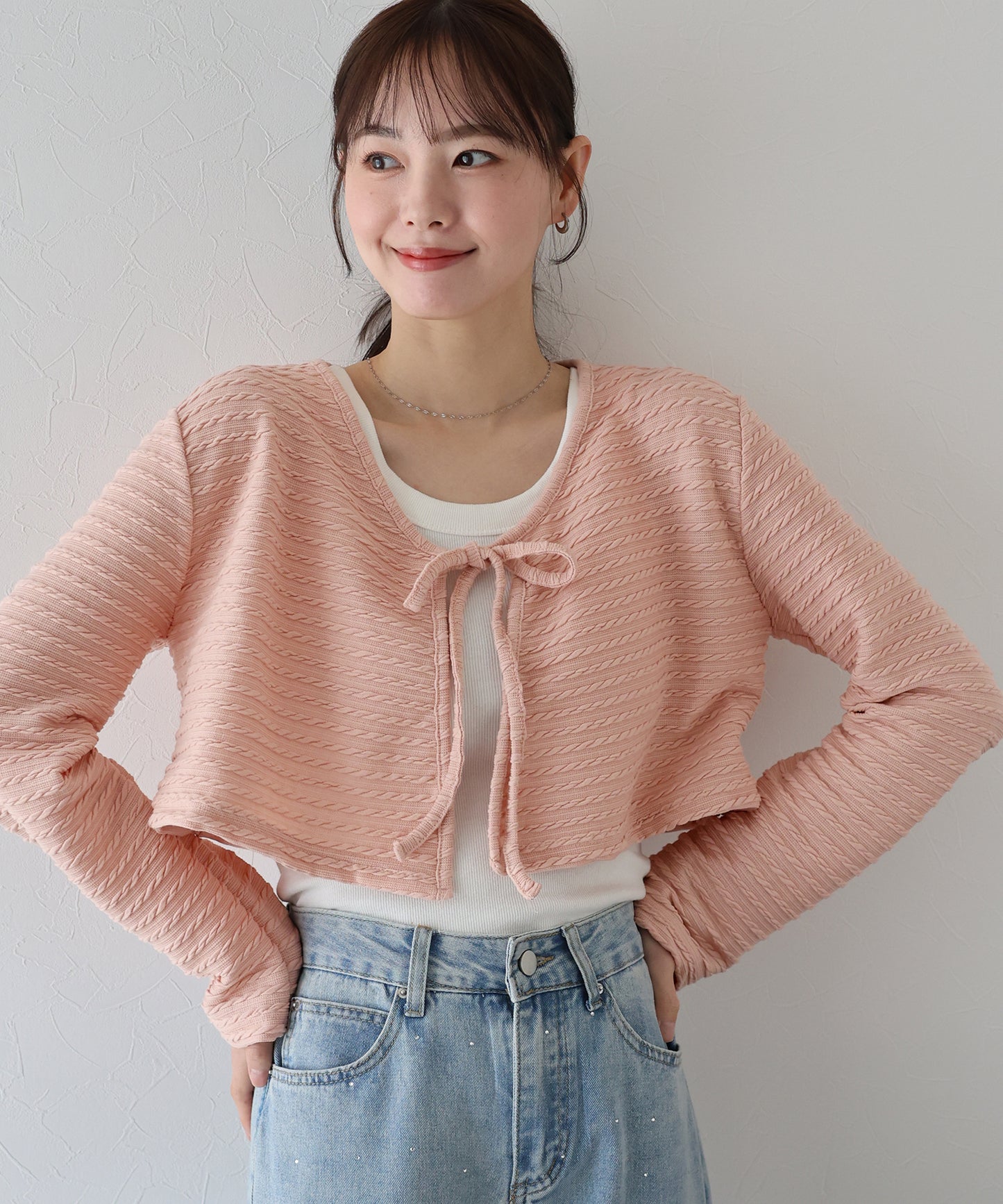 케이블 무늬 리본 가디건