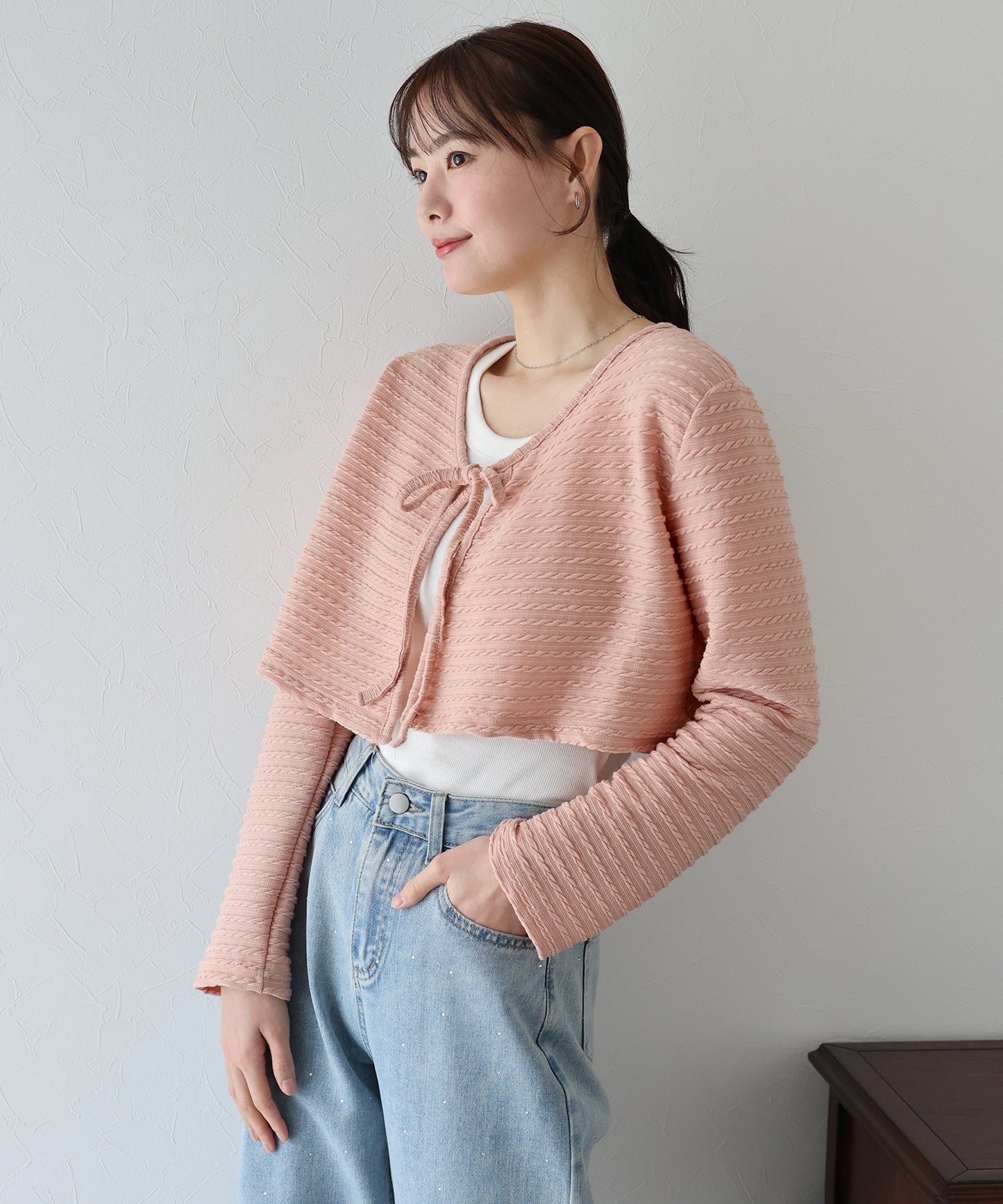 케이블 무늬 리본 가디건