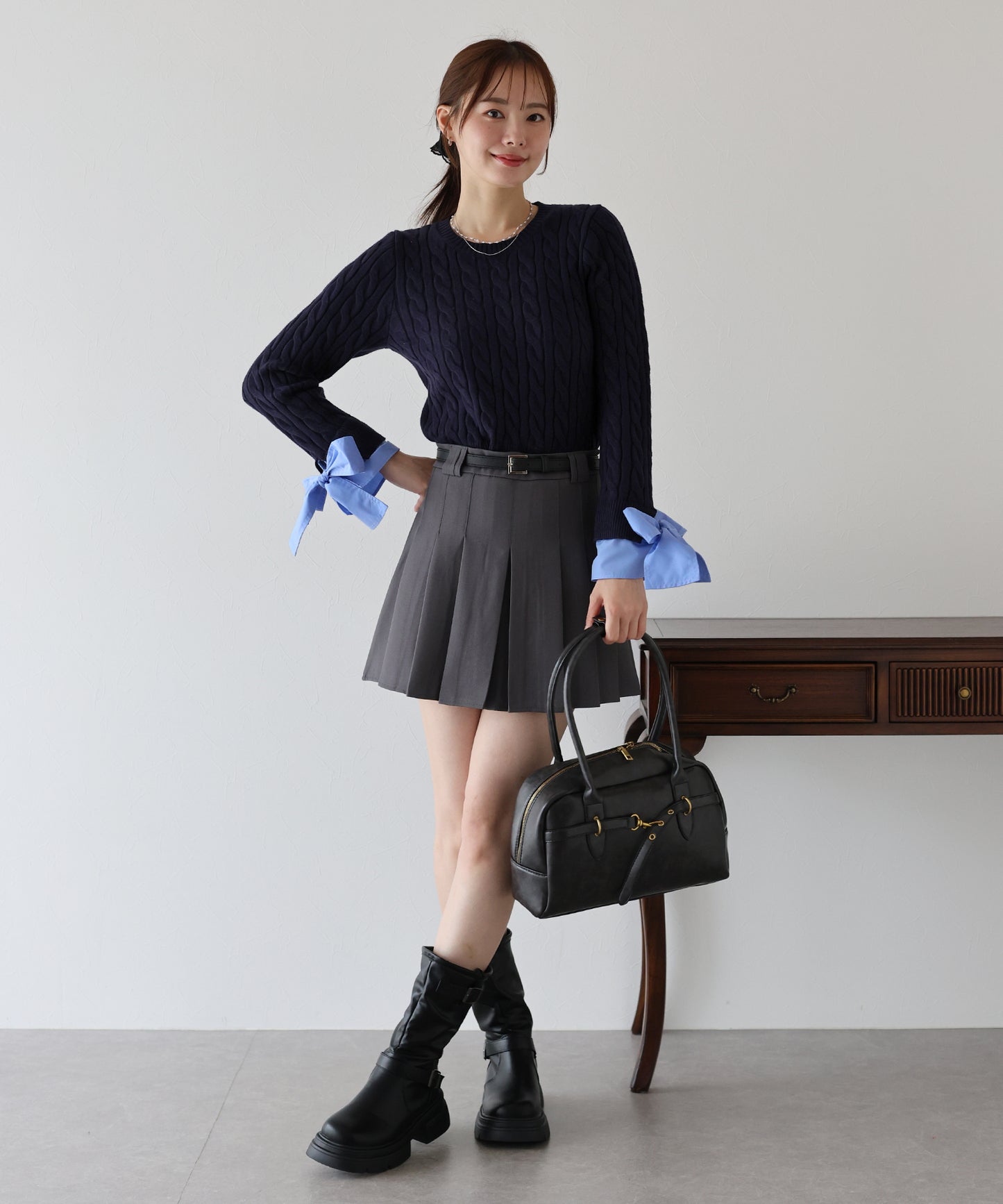 【早割5%OFF】リボン袖ドッキングケーブルニット