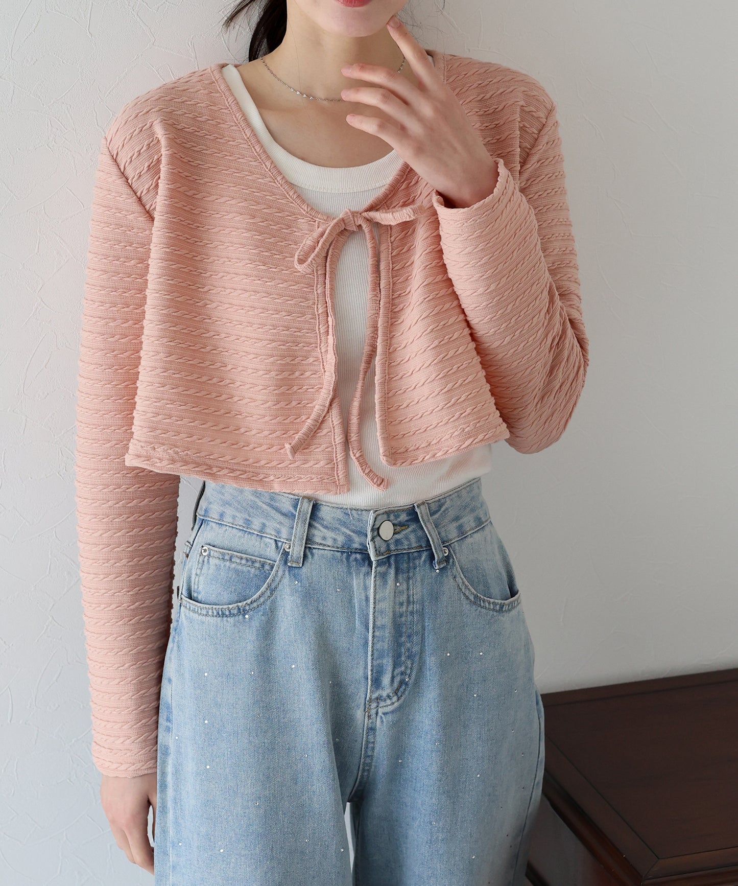 케이블 무늬 리본 가디건