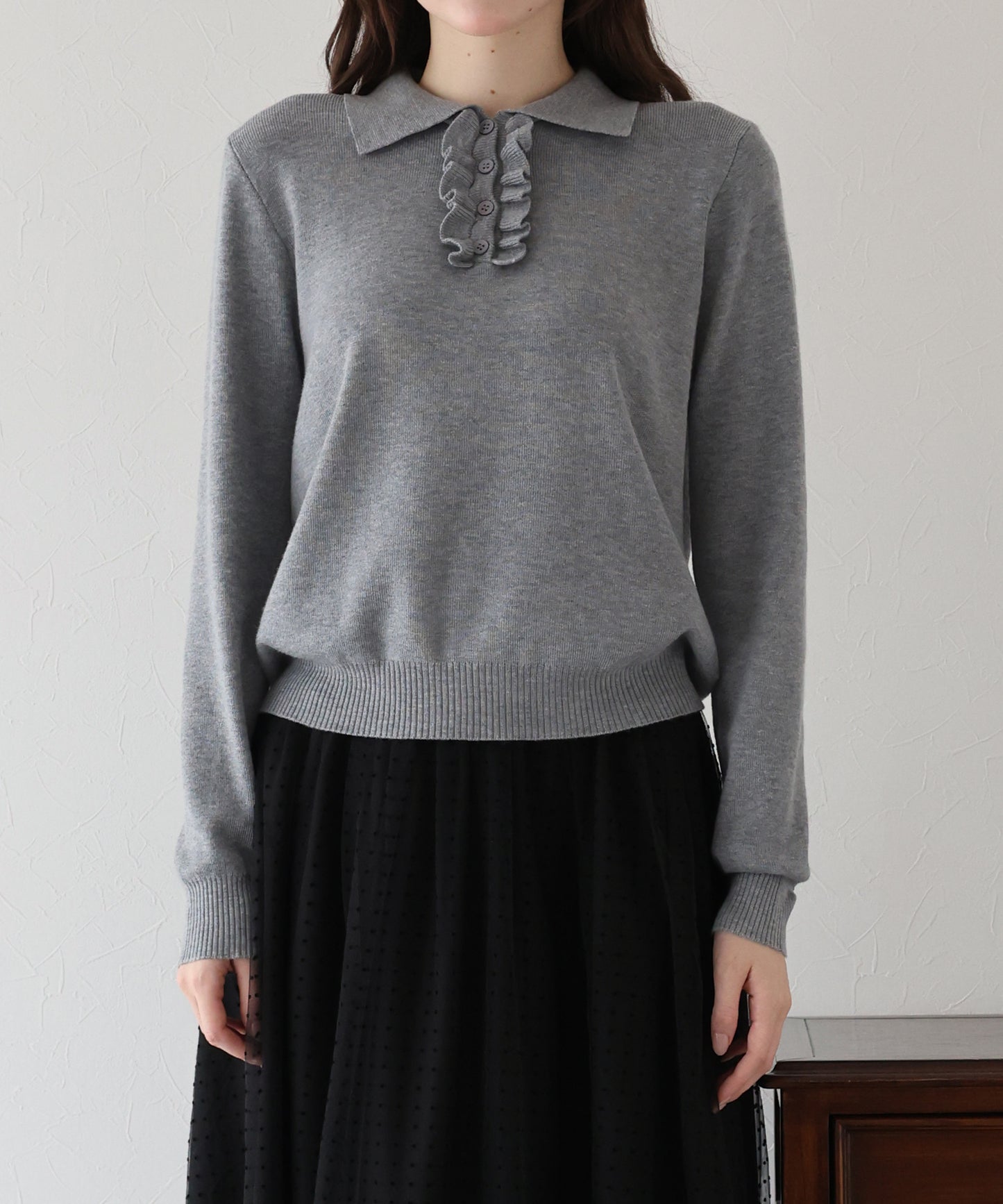【早割5%OFF】ウール混フロントフリルポロニット