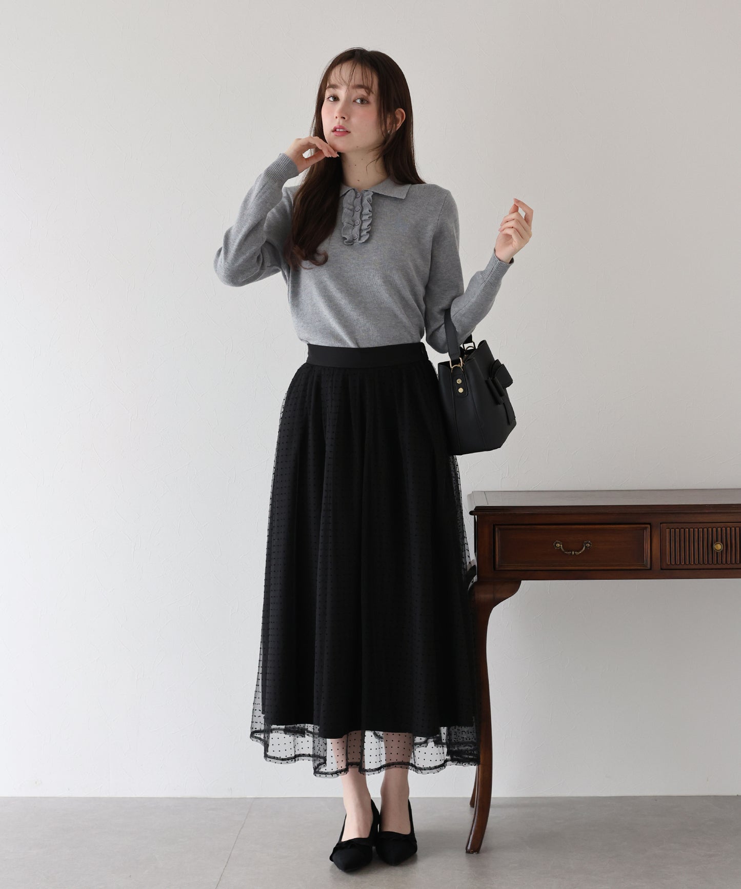 【早割5%OFF】ウール混フロントフリルポロニット