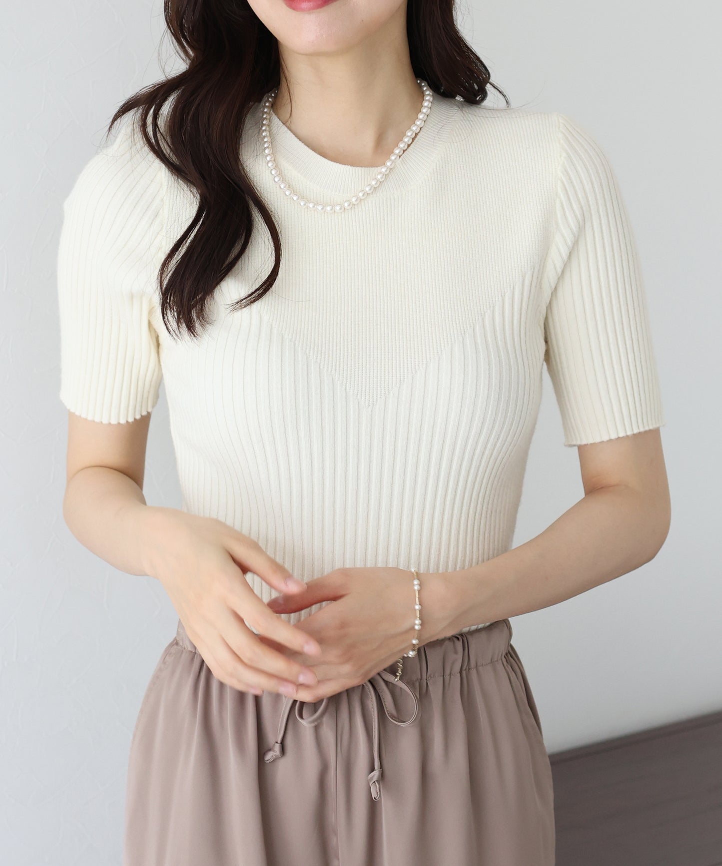 【TIME SALE】切替デザイン半袖リブニット【ネコポス】