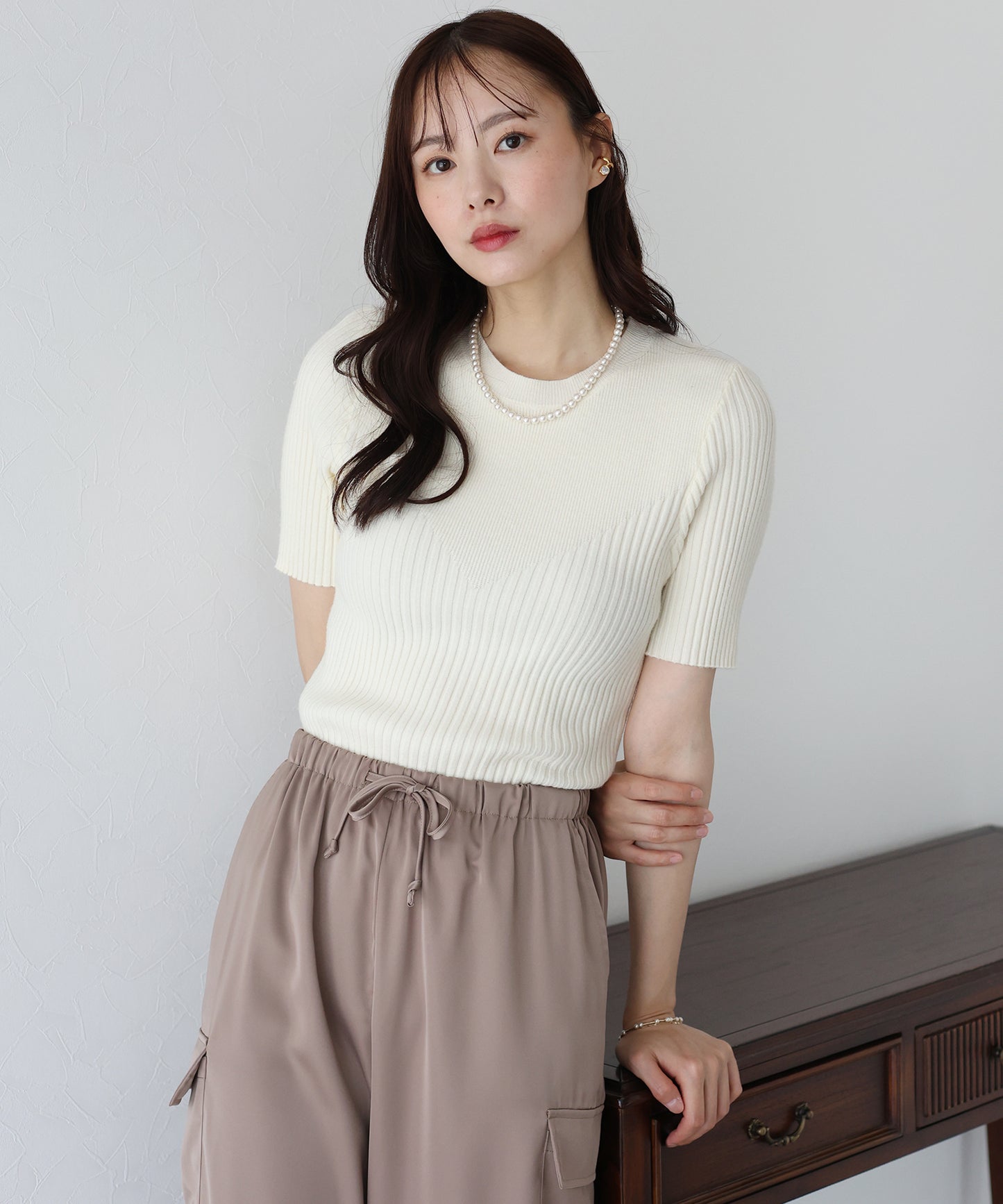 【TIME SALE】切替デザイン半袖リブニット【ネコポス】