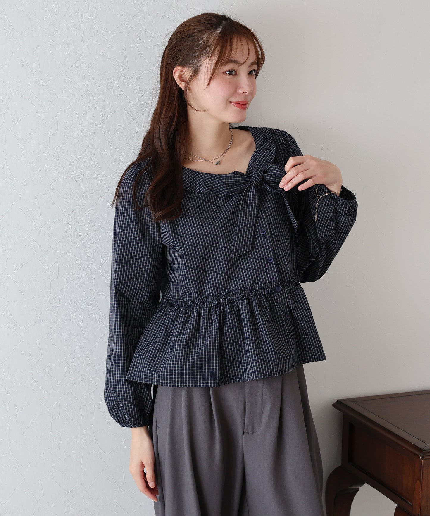 【早割5%OFF】チェックリボンペプラムブラウス【ネコポス】