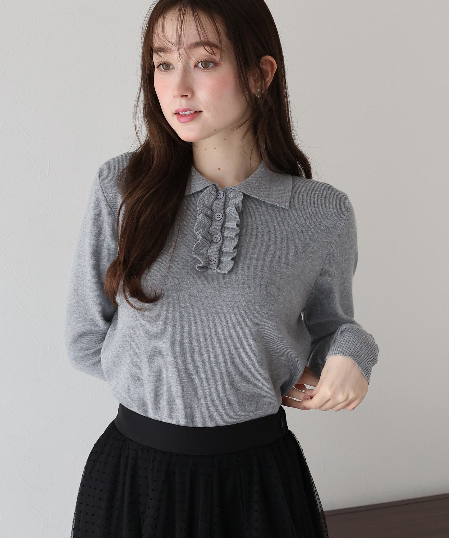 【早割5%OFF】ウール混フロントフリルポロニット