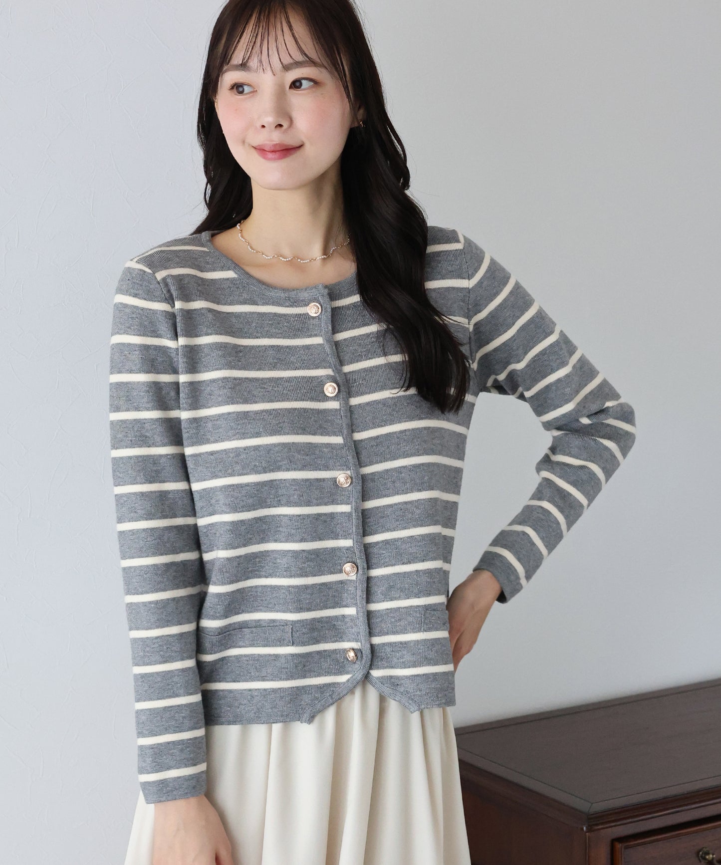 【SALE】金ボタンボーダーカーディガン