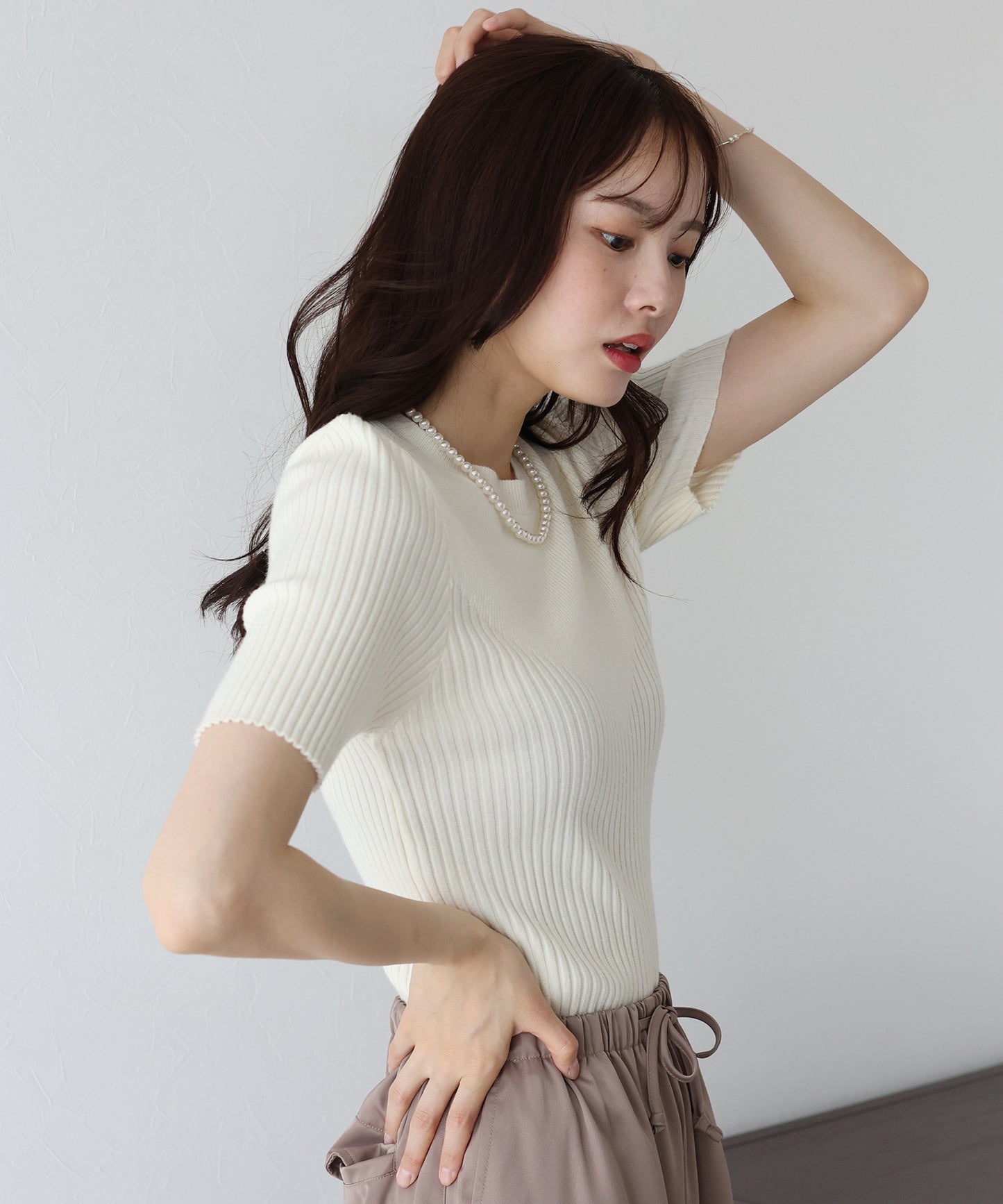 【TIME SALE】切替デザイン半袖リブニット【ネコポス】