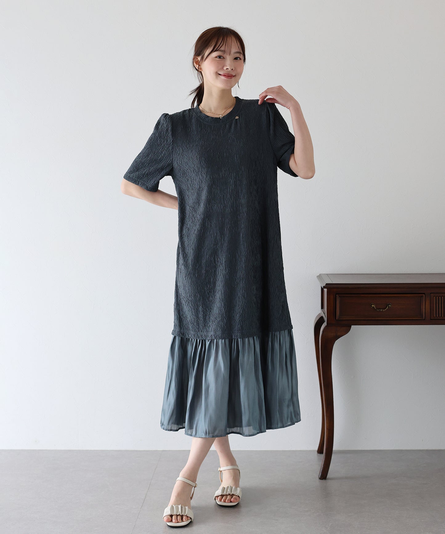 【SALE】異素材切替ティアードワンピース