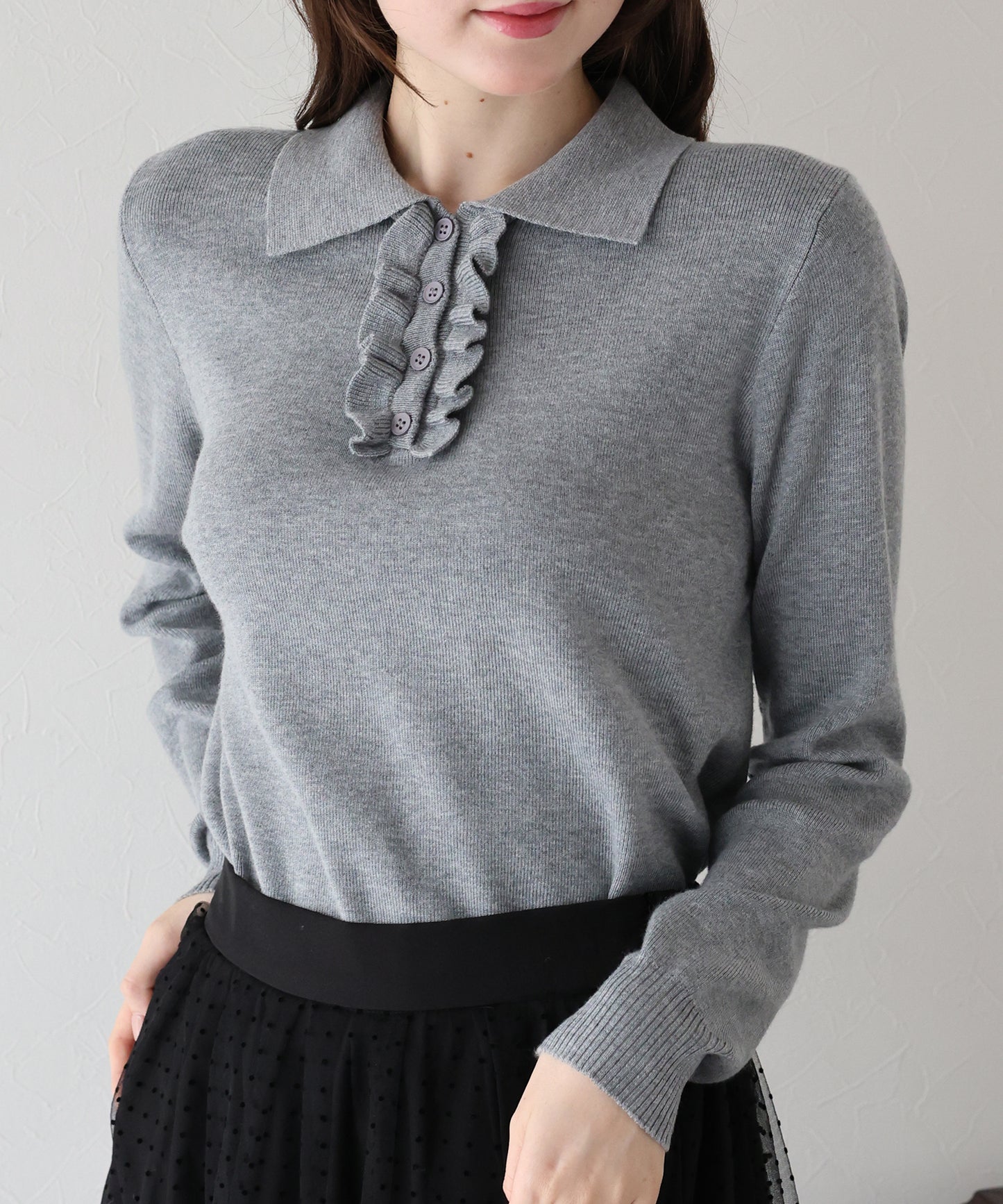 【早割5%OFF】ウール混フロントフリルポロニット