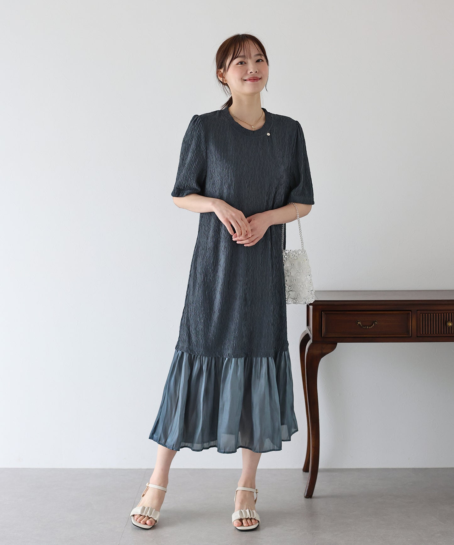 【SALE】異素材切替ティアードワンピース